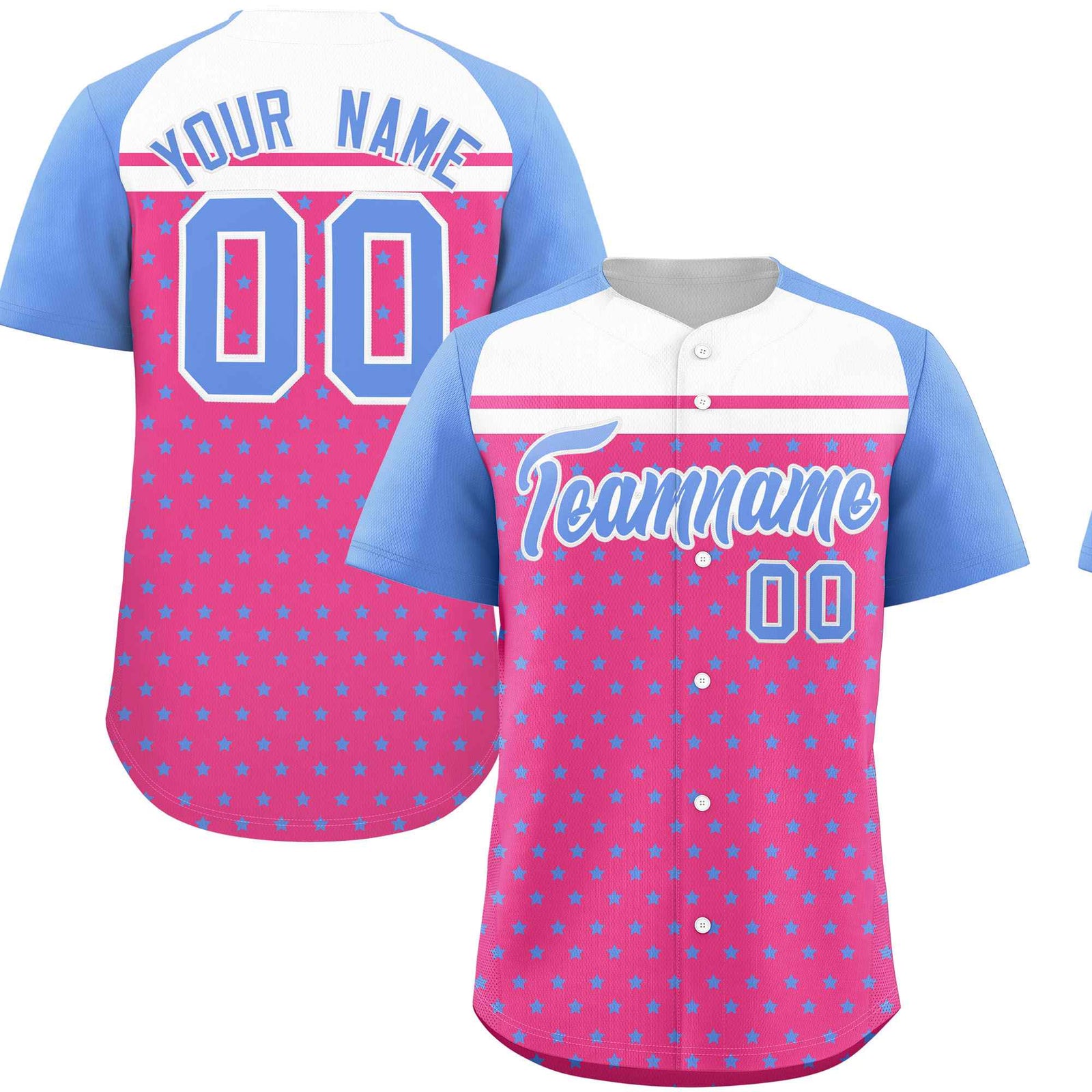 Custom Pink Light Blue-White Raglan Sleeve Personalized Star Print Authentic Baseball Jersey