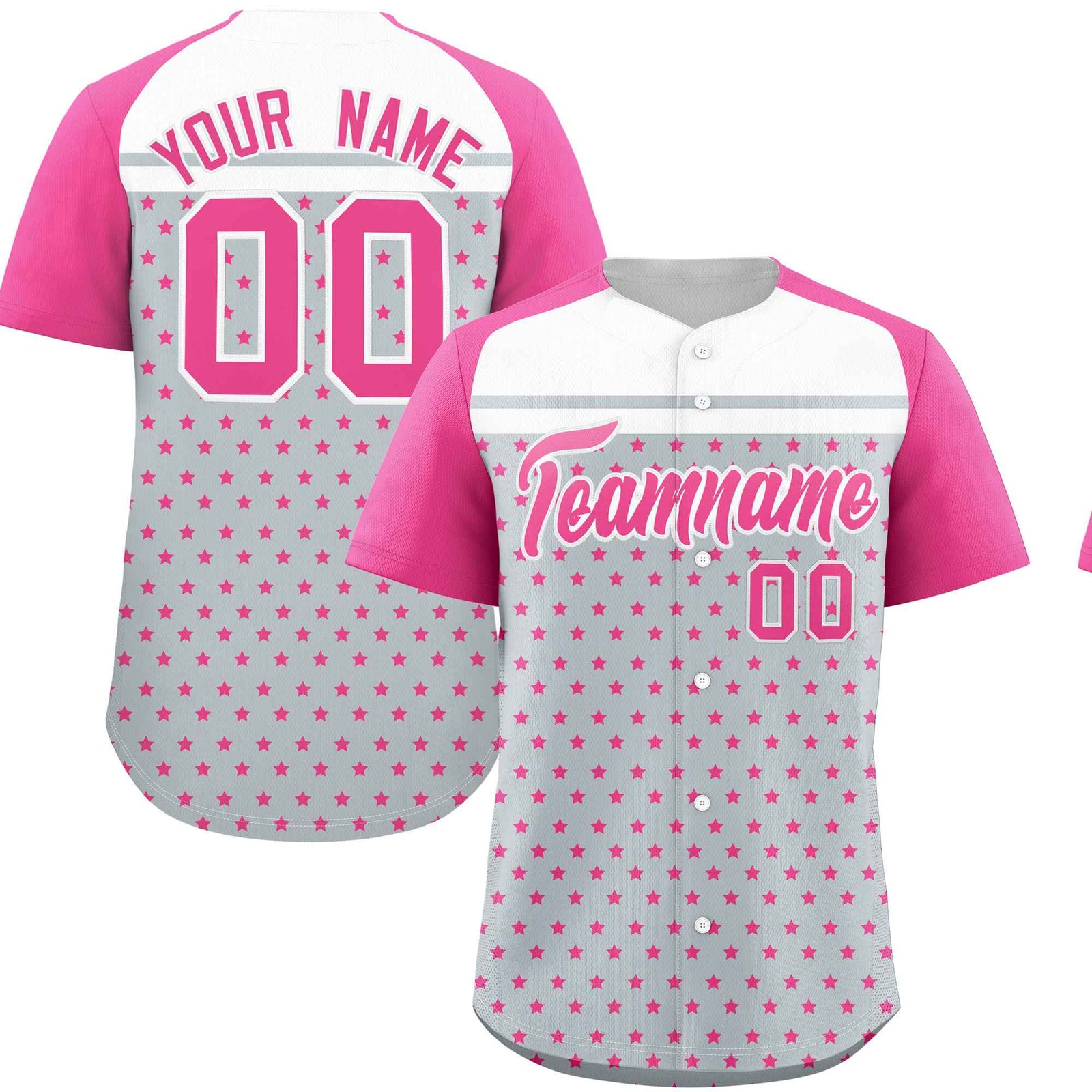 Custom Silver Pink-White Raglan Sleeve Personalized Star Print Authentic Baseball Jersey