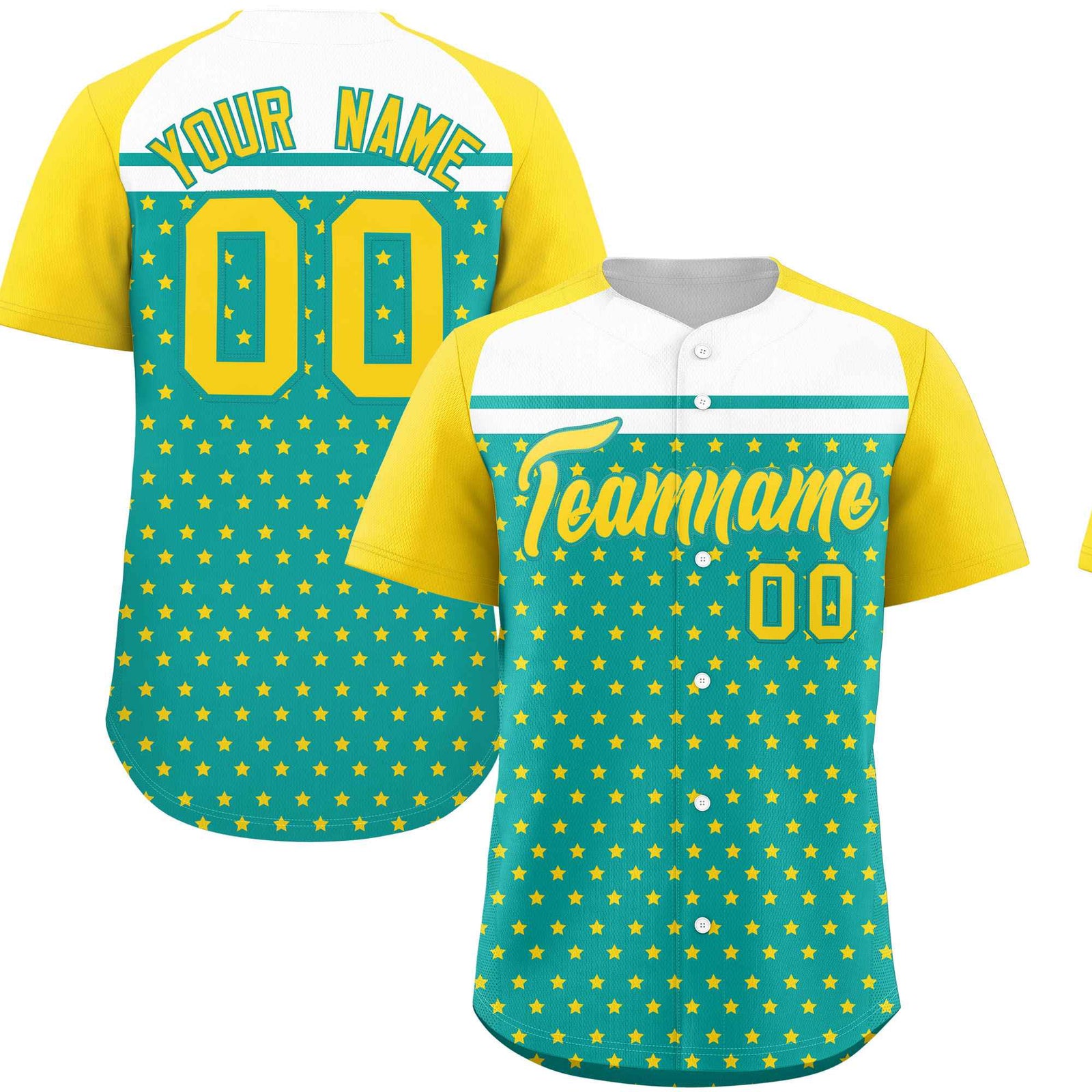 Custom Aqua Gold-White Raglan Sleeve Personalized Star Print Authentic Baseball Jersey