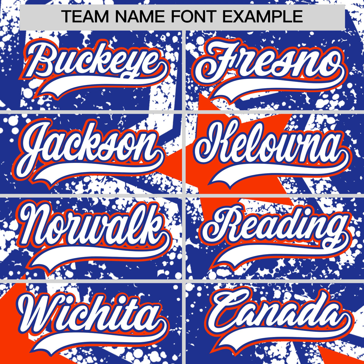 Custom Royal Blue Orange White Star Graffiti Team Baseball Jerseys With Custom Names, Numbers & Logos Stretch Fabric Baseball Jersey| KXKSHOP
