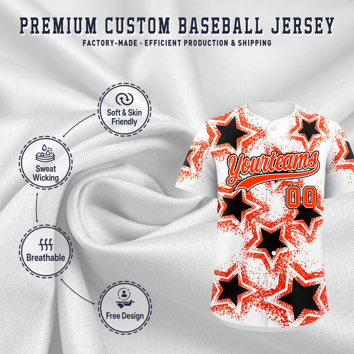 Custom White Black Orange Star Graffiti Team Baseball Jerseys With Custom Names, Numbers & Logos Lightweight Baseball Jersey| KXKSHOP