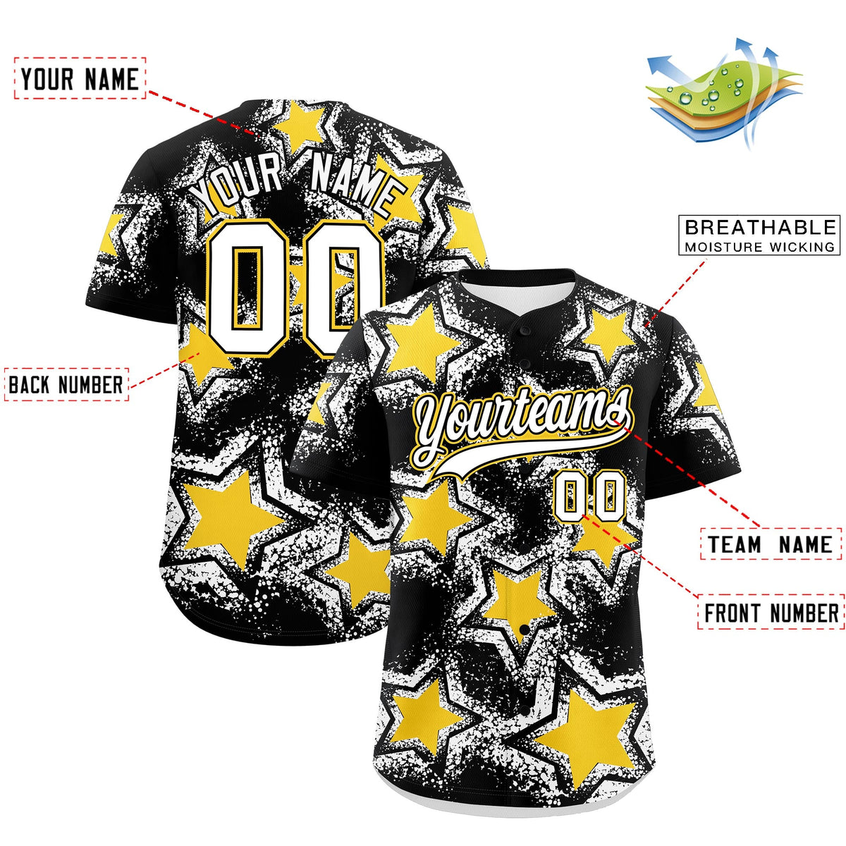 Custom Black Gold White Star Graffiti Team Baseball Jerseys With Custom Names, Numbers & Logos Lightweight Baseball Jersey| KXKSHOP