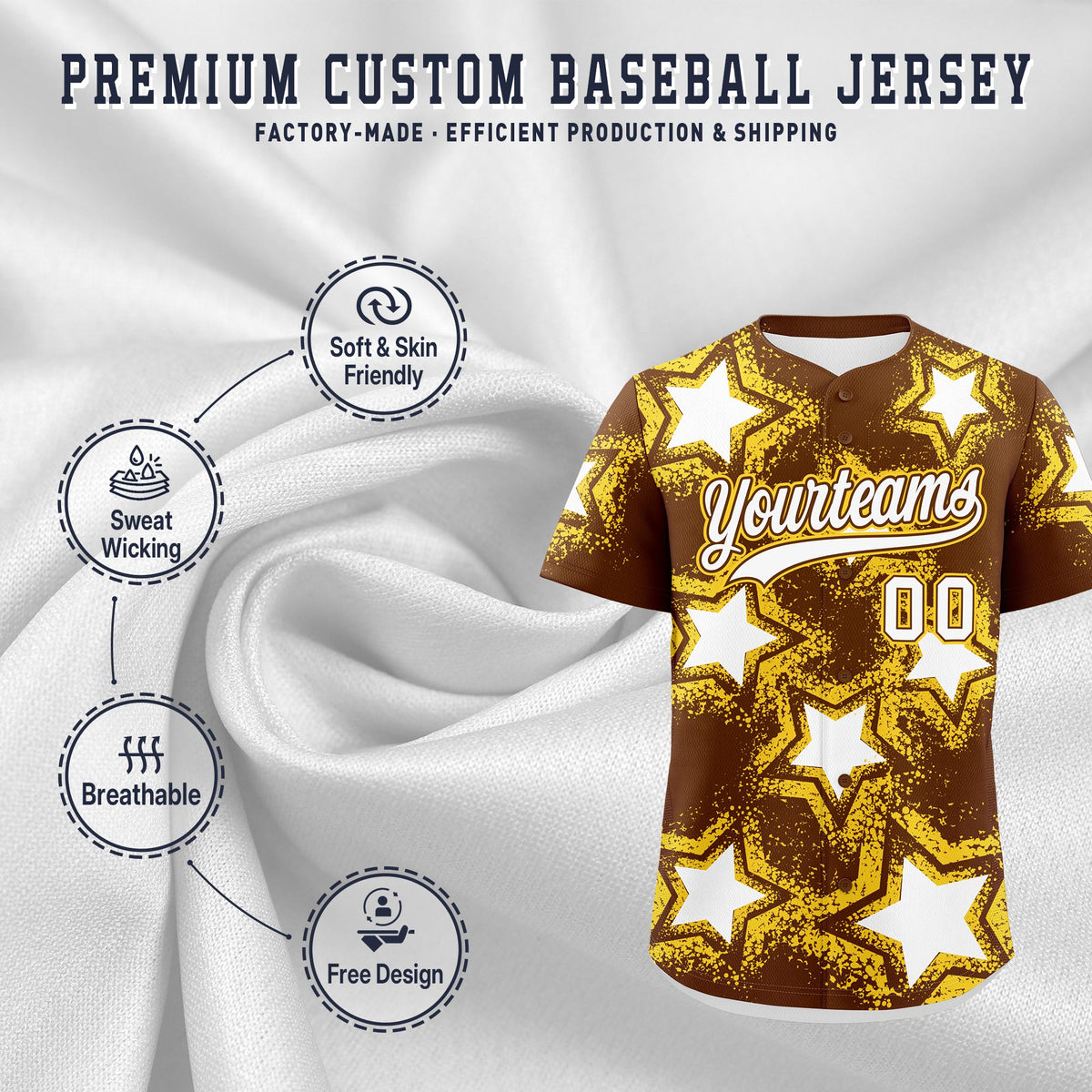 Custom Brown Gold White Star Graffiti Team Baseball Jerseys With Custom Names, Numbers & Logos Stretch Fabric Baseball Jersey| KXKSHOP