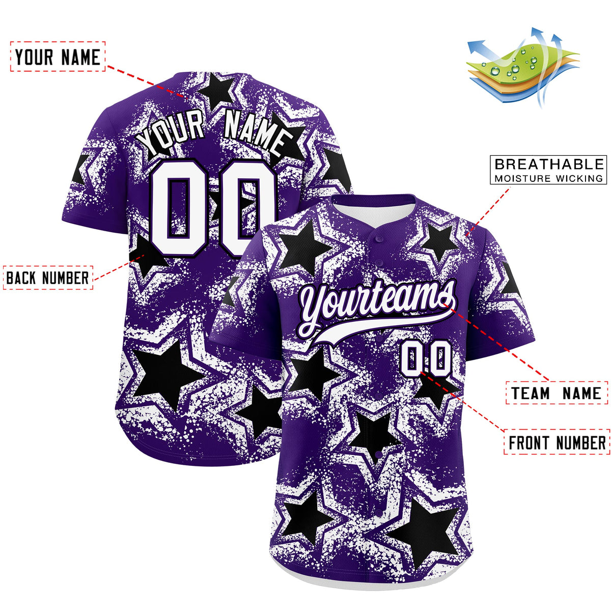 Custom Purple White Black Star Graffiti Team Baseball Jerseys With Custom Names, Numbers & Logos Lightweight Baseball Jersey| KXKSHOP