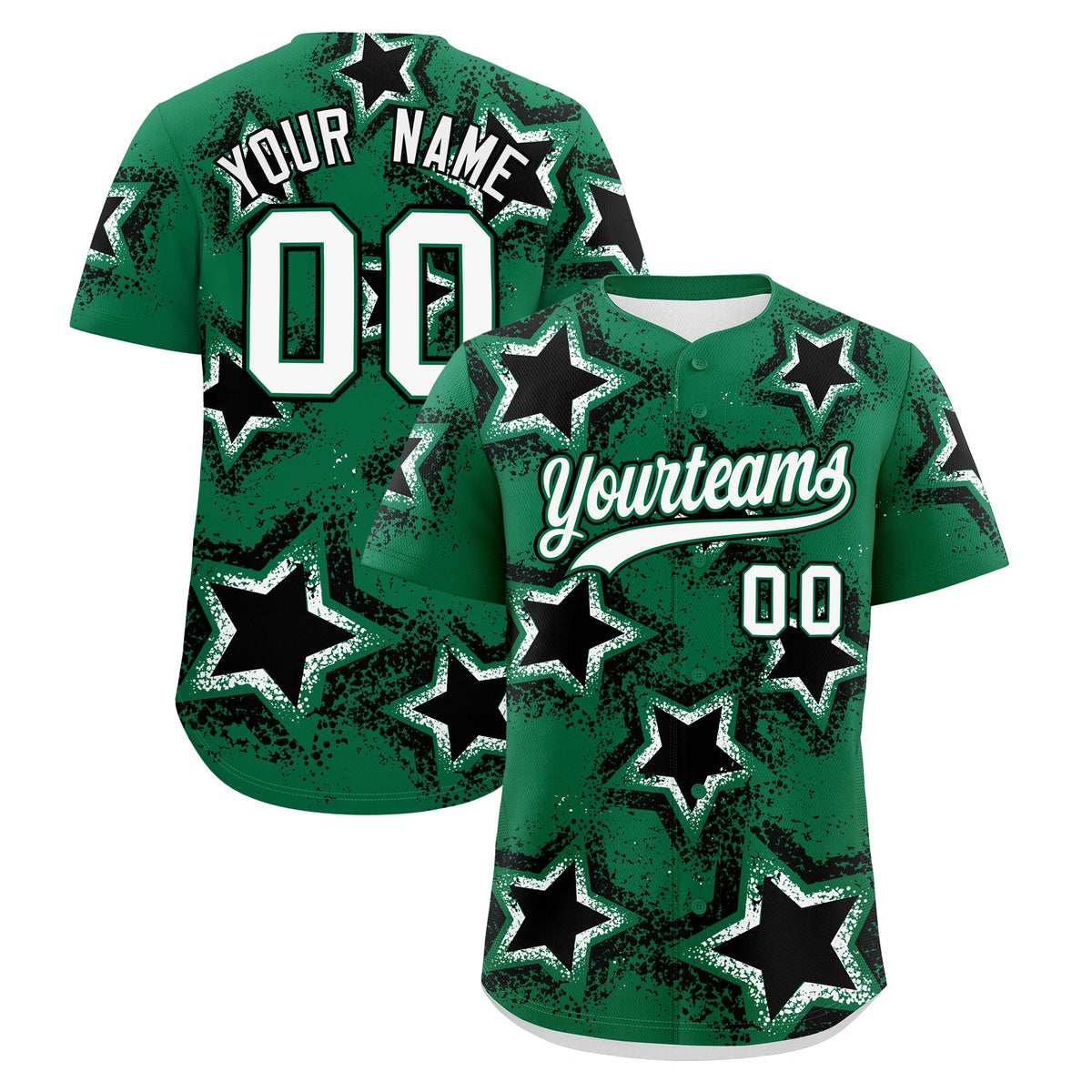 Custom Kelly Green White Black Star Graffiti Team Baseball Jerseys With Custom Names, Numbers & Logos Stretch Fabric Baseball Jersey| KXKSHOP