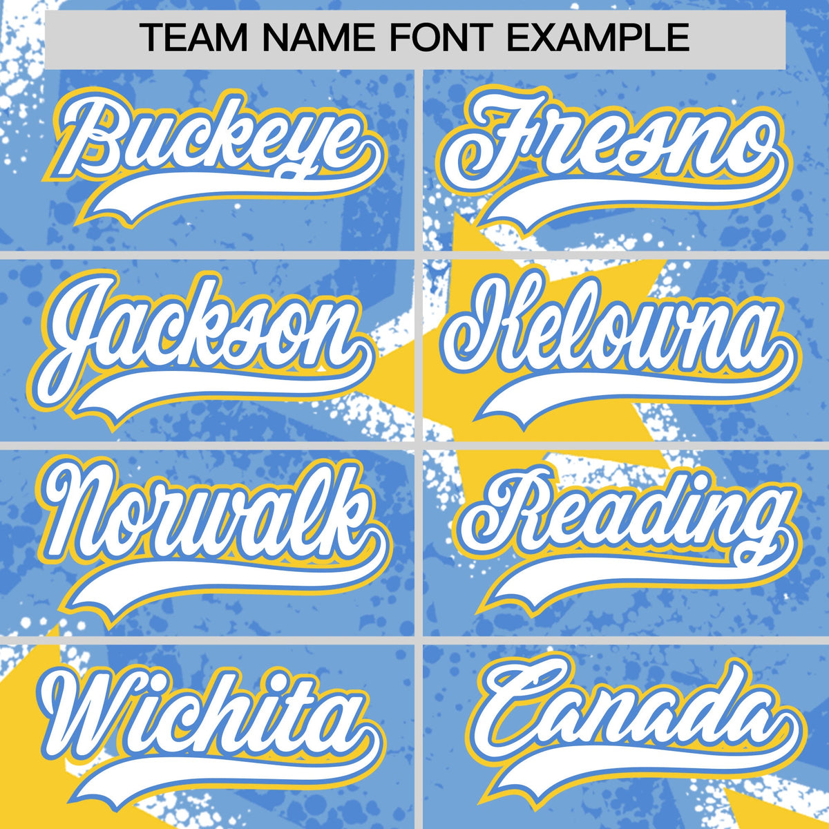 Custom Light Blue Gold White Star Graffiti Team Baseball Jerseys With Custom Names, Numbers & Logos Stretch Fabric Baseball Jersey| KXKSHOP