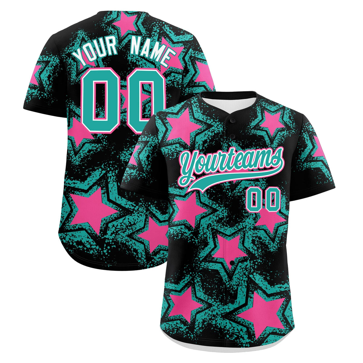Custom Black Aqua Pink Star Graffiti Team Baseball Jerseys With Custom Names, Numbers & Logos Lightweight Baseball Jersey| KXKSHOP
