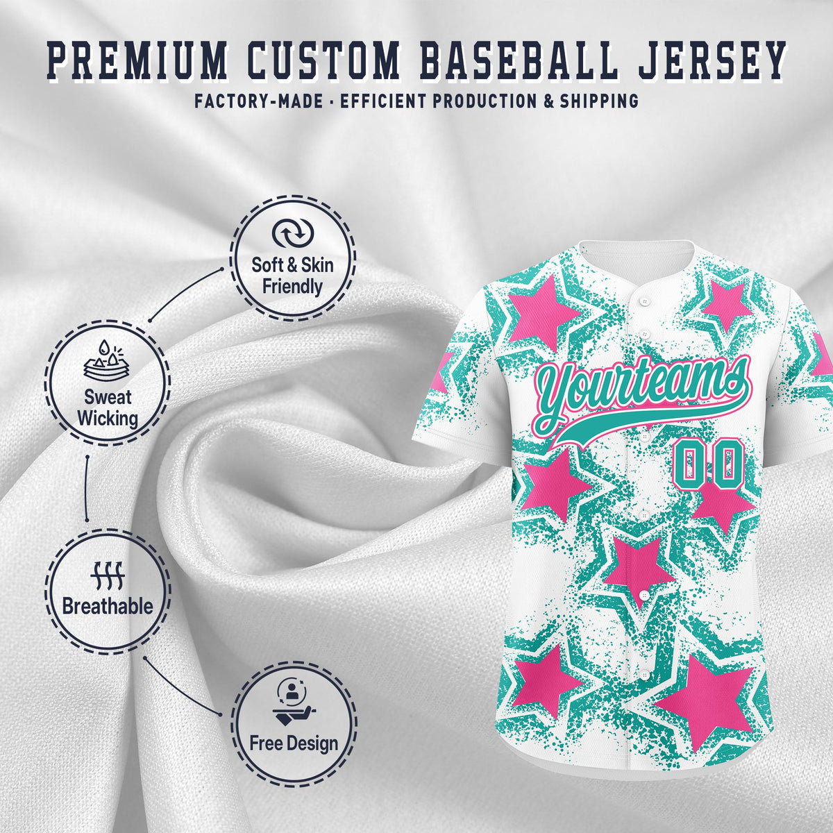 Custom White Aqua Pink Star Graffiti Team Baseball Jerseys With Custom Names, Numbers & Logos Stretch Fabric Baseball Jersey| KXKSHOP