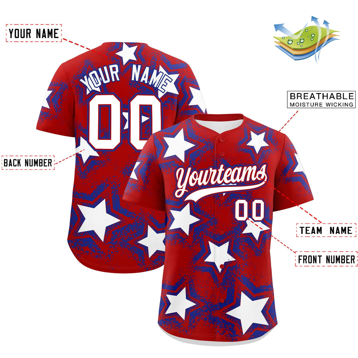 Custom Red Royal Blue White Star Graffiti Team Baseball Jerseys With Custom Names, Numbers & Logos Lightweight Baseball Jersey| KXKSHOP