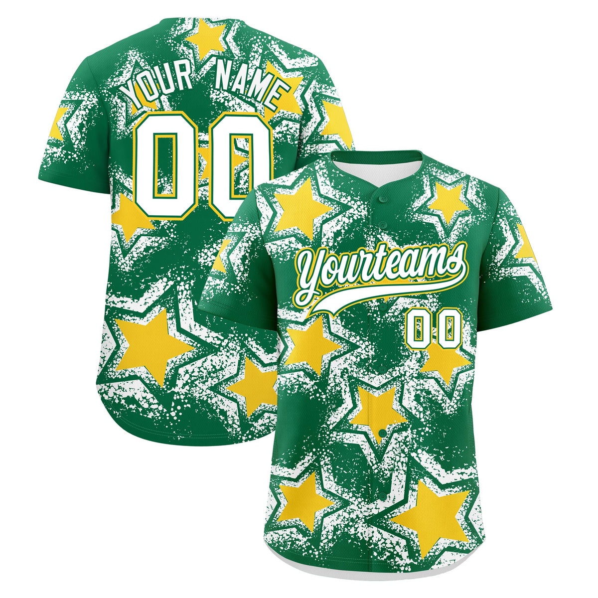 Custom Kelly Green White Gold Star Graffiti Team Baseball Jerseys With Custom Names, Numbers & Logos Stretch Fabric Baseball Jersey| KXKSHOP