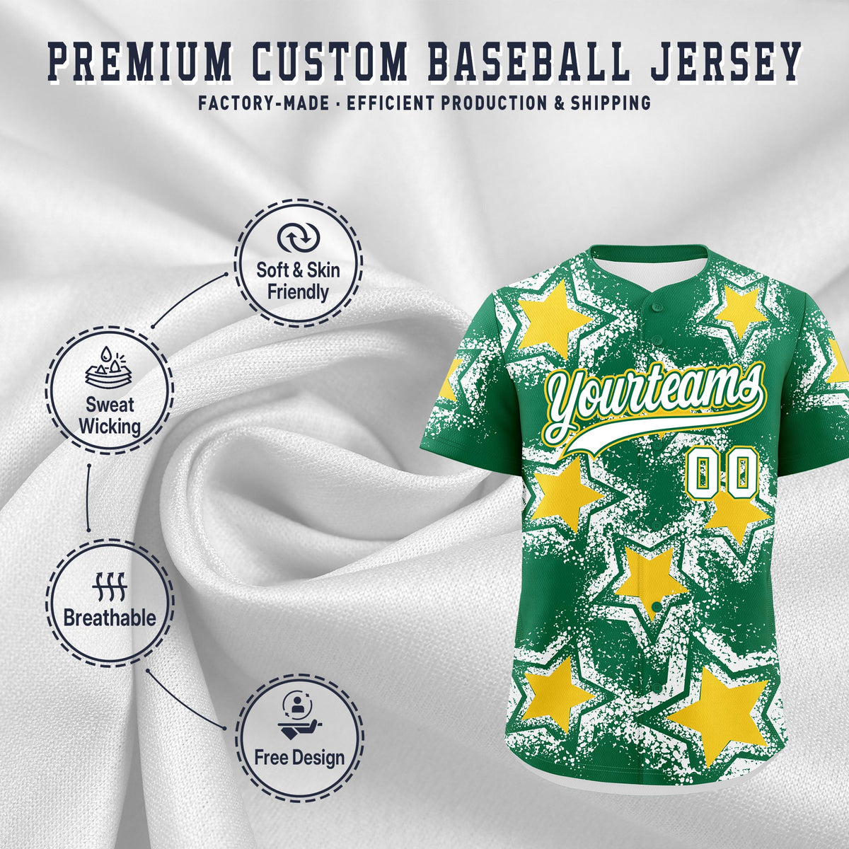 Custom Kelly Green White Gold Star Graffiti Team Baseball Jerseys With Custom Names, Numbers & Logos Stretch Fabric Baseball Jersey| KXKSHOP