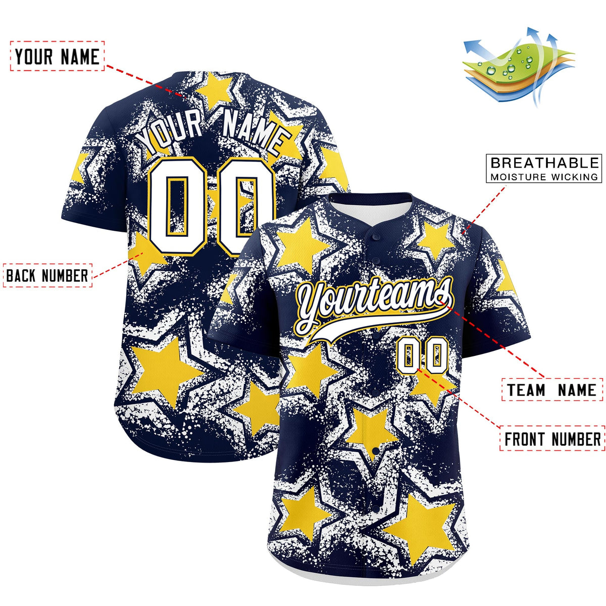 Custom Navy White Gold Star Graffiti Team Baseball Jerseys With Custom Names, Numbers & Logos Stretch Fabric Baseball Jersey| KXKSHOP