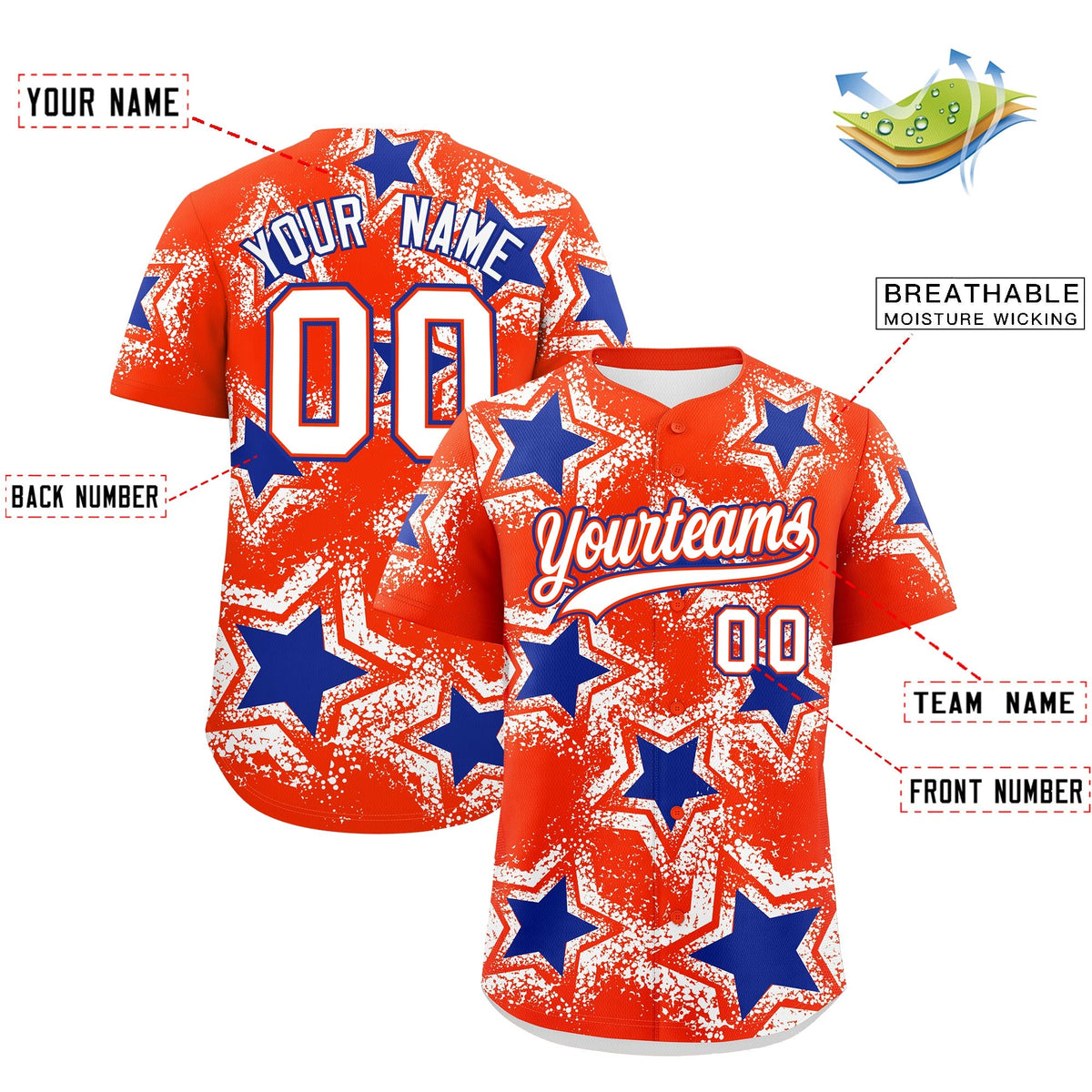 Custom Orange White Royal Blue Star Graffiti Team Baseball Jerseys With Custom Names, Numbers & Logos Lightweight Baseball Jersey| KXKSHOP