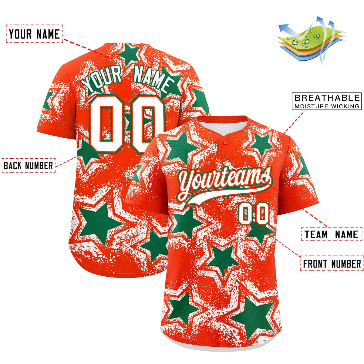 Custom Orange White Kelly Green Star Graffiti Team Baseball Jerseys With Custom Names, Numbers & Logos Lightweight Baseball Jersey| KXKSHOP