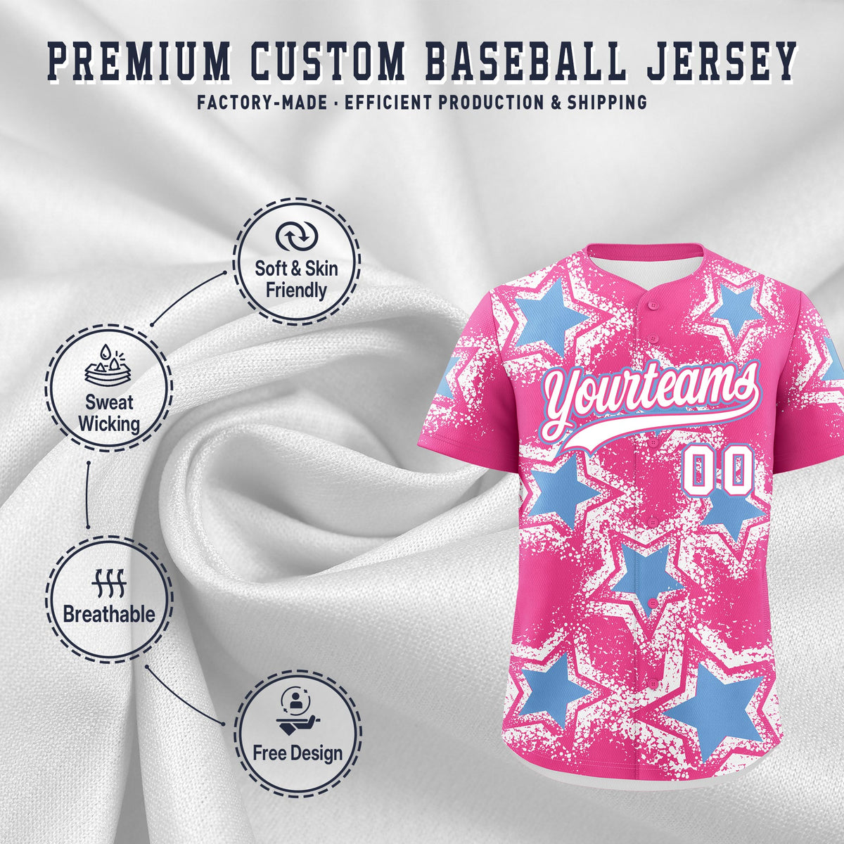 Custom Pink White Light Blue Star Graffiti Team Baseball Jerseys With Custom Names, Numbers & Logos Lightweight Baseball Jersey| KXKSHOP
