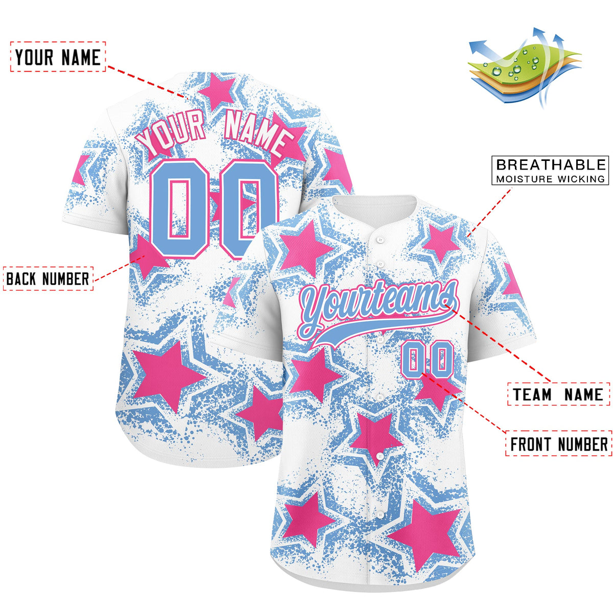Custom White Light Blue Pink Star Graffiti Team Baseball Jerseys With Custom Names, Numbers & Logos Stretch Fabric Baseball Jersey| KXKSHOP