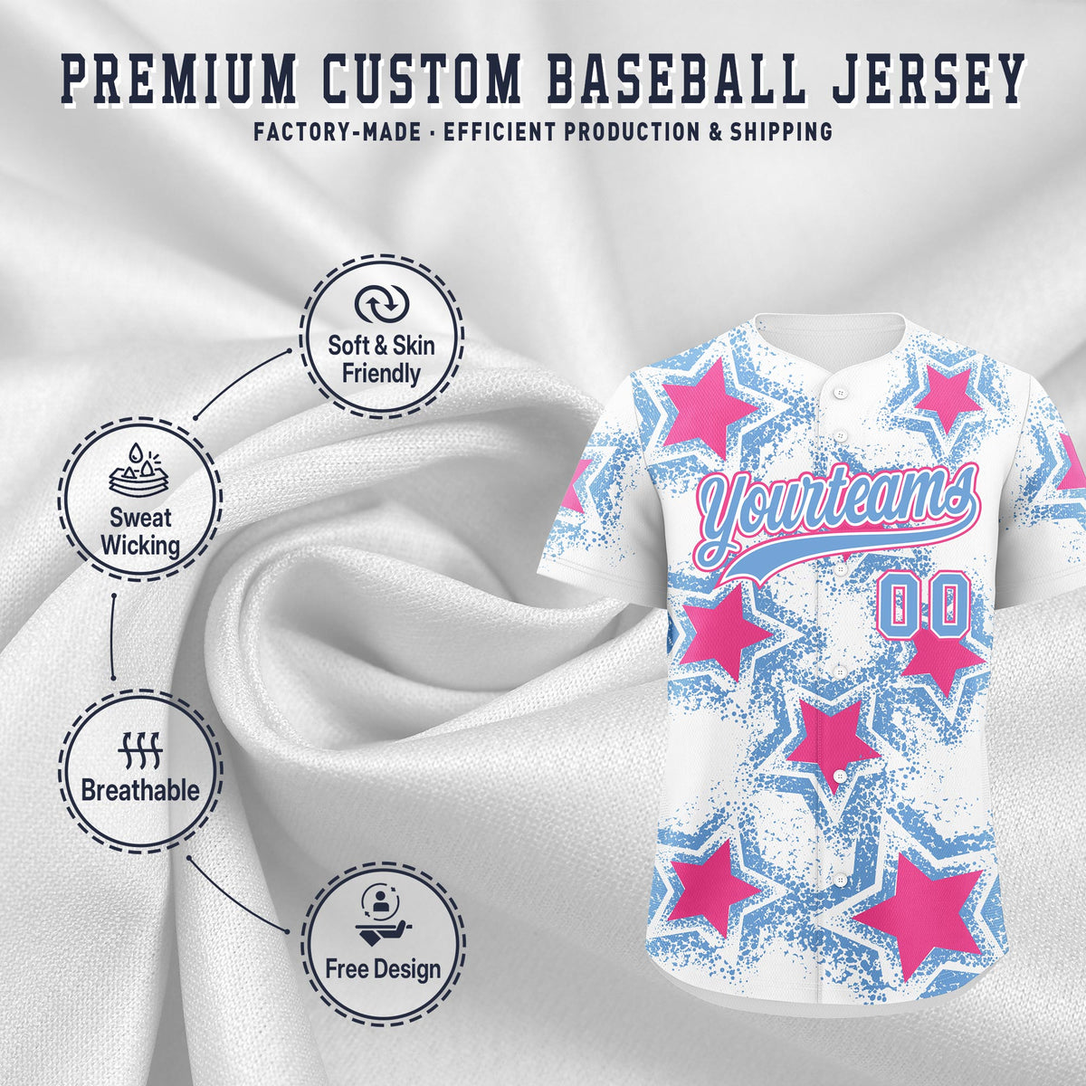 Custom White Light Blue Pink Star Graffiti Team Baseball Jerseys With Custom Names, Numbers & Logos Stretch Fabric Baseball Jersey| KXKSHOP
