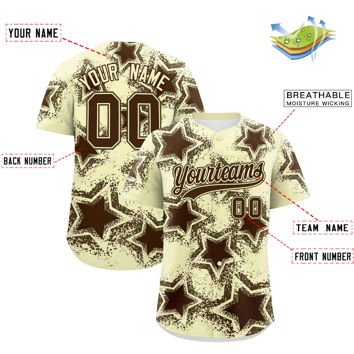 Custom Cream Light Brown Brown Star Graffiti Team Baseball Jerseys With Custom Names, Numbers & Logos Lightweight Baseball Jersey| KXKSHOP