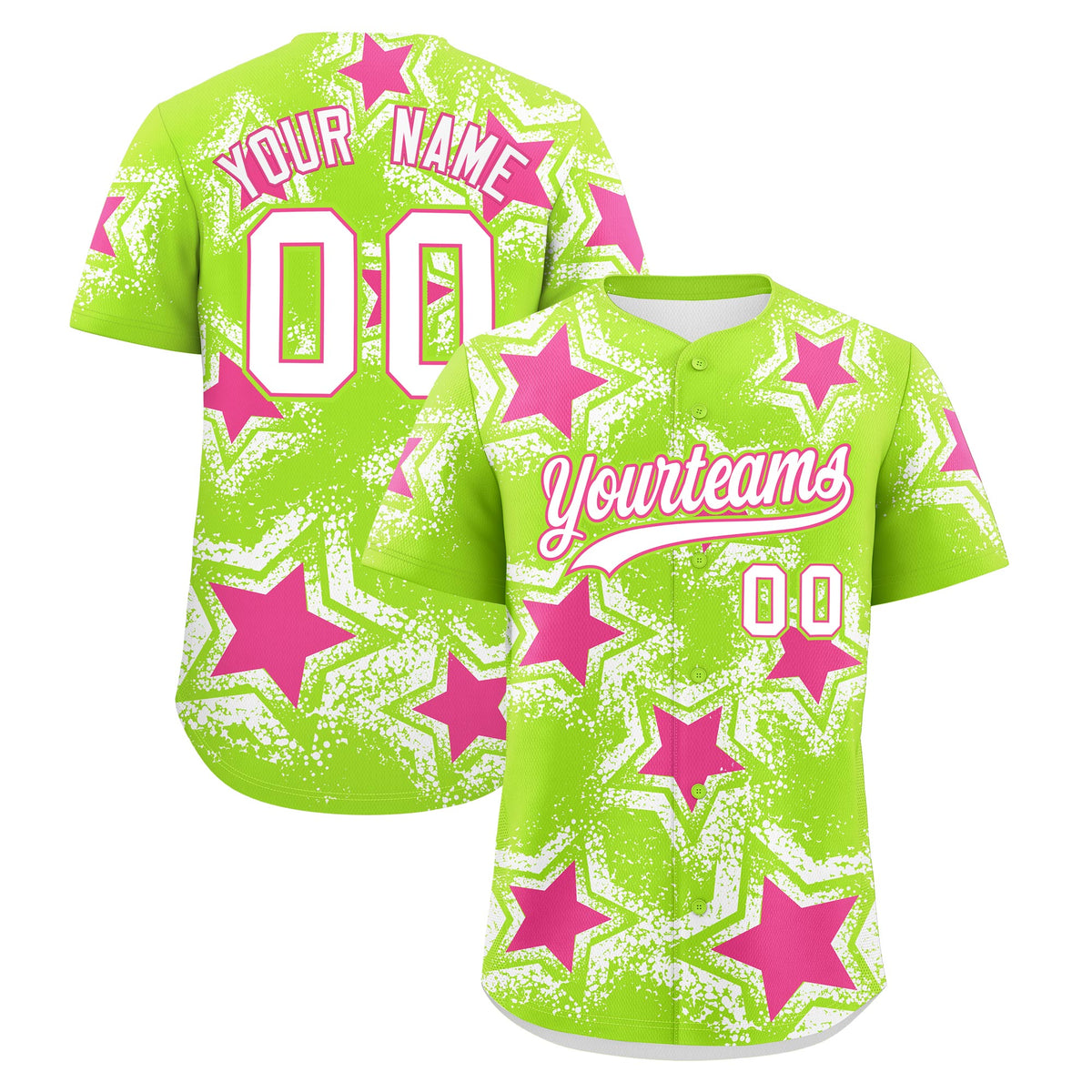Custom Neon Green White Pink Star Graffiti Team Baseball Jerseys With Custom Names, Numbers & Logos Stretch Fabric Baseball Jersey| KXKSHOP