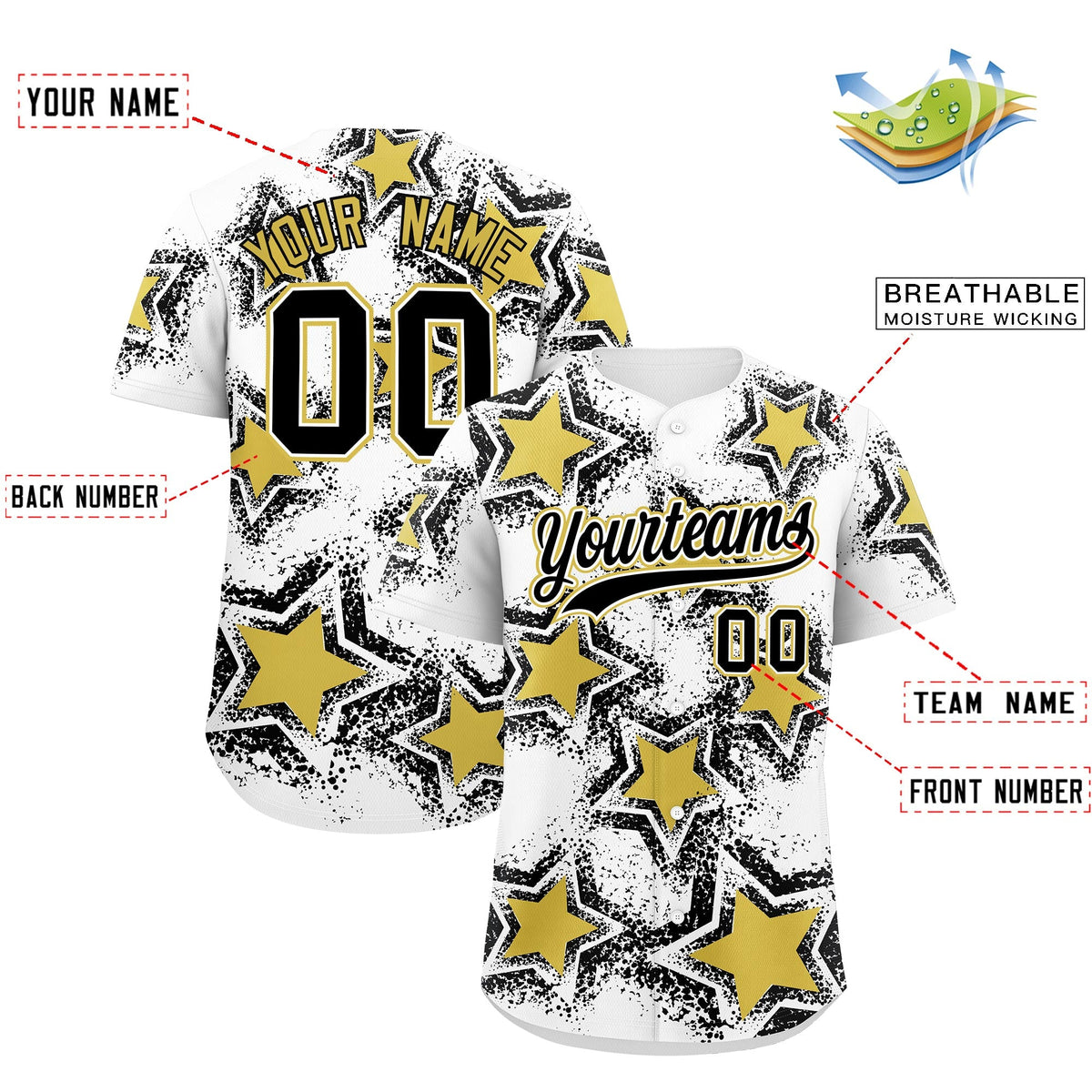 Custom White Black Old Gold Star Graffiti Team Baseball Jerseys With Custom Names, Numbers & Logos Stretch Fabric Baseball Jersey| KXKSHOP