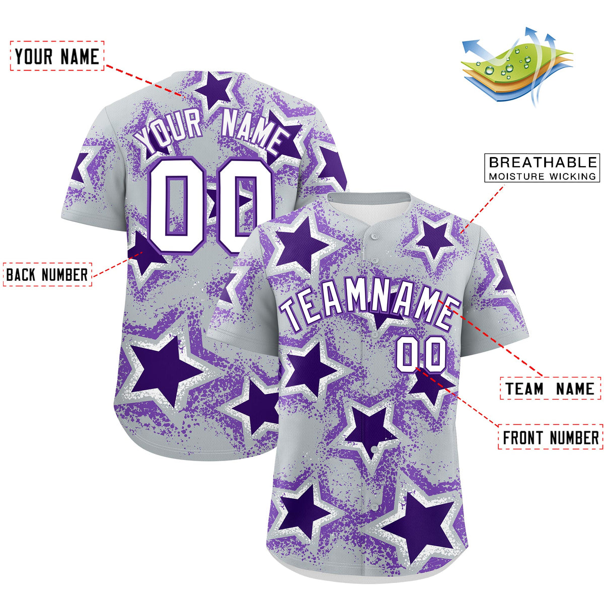 Custom Silver Purple White Star Graffiti Team Baseball Jerseys With Custom Names, Numbers & Logos Lightweight Baseball Jersey| KXKSHOP