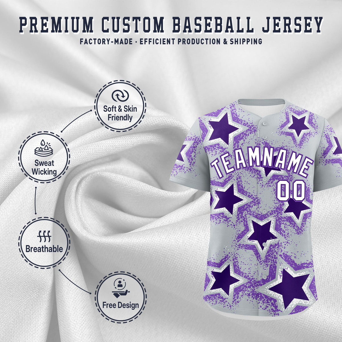 Custom Silver Purple White Star Graffiti Team Baseball Jerseys With Custom Names, Numbers & Logos Lightweight Baseball Jersey| KXKSHOP