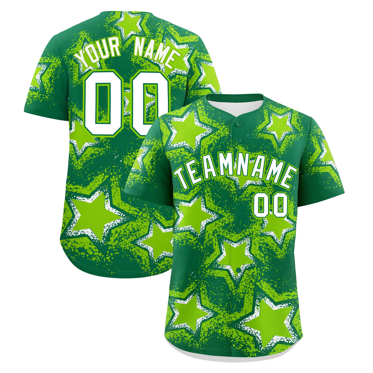 Custom Kelly Green Neon Green White Star Graffiti Team Baseball Jerseys With Custom Names, Numbers & Logos Stretch Fabric Baseball Jersey| KXKSHOP