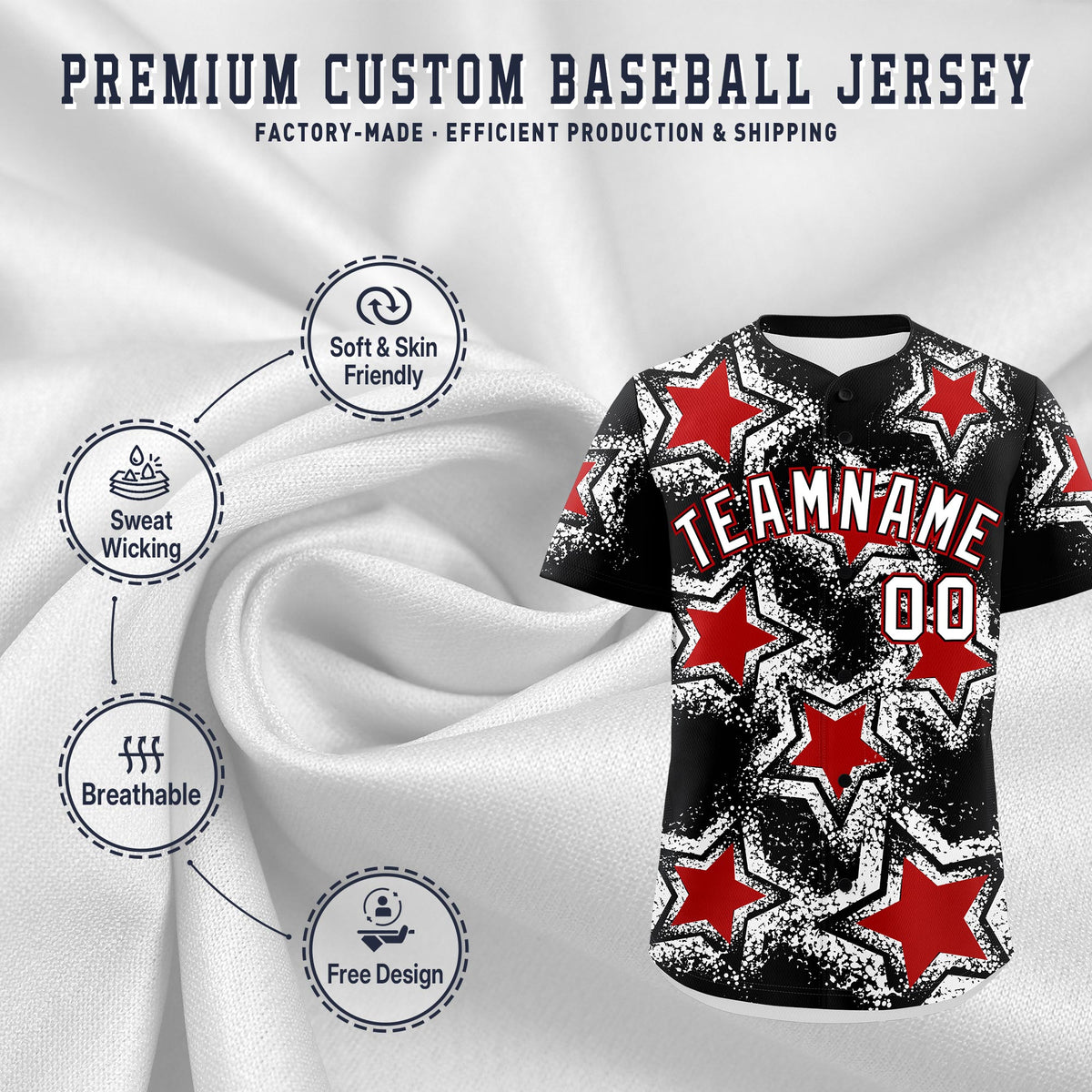 Custom Black White Red Star Graffiti Team Baseball Jerseys With Custom Names, Numbers & Logos Lightweight Baseball Jersey| KXKSHOP