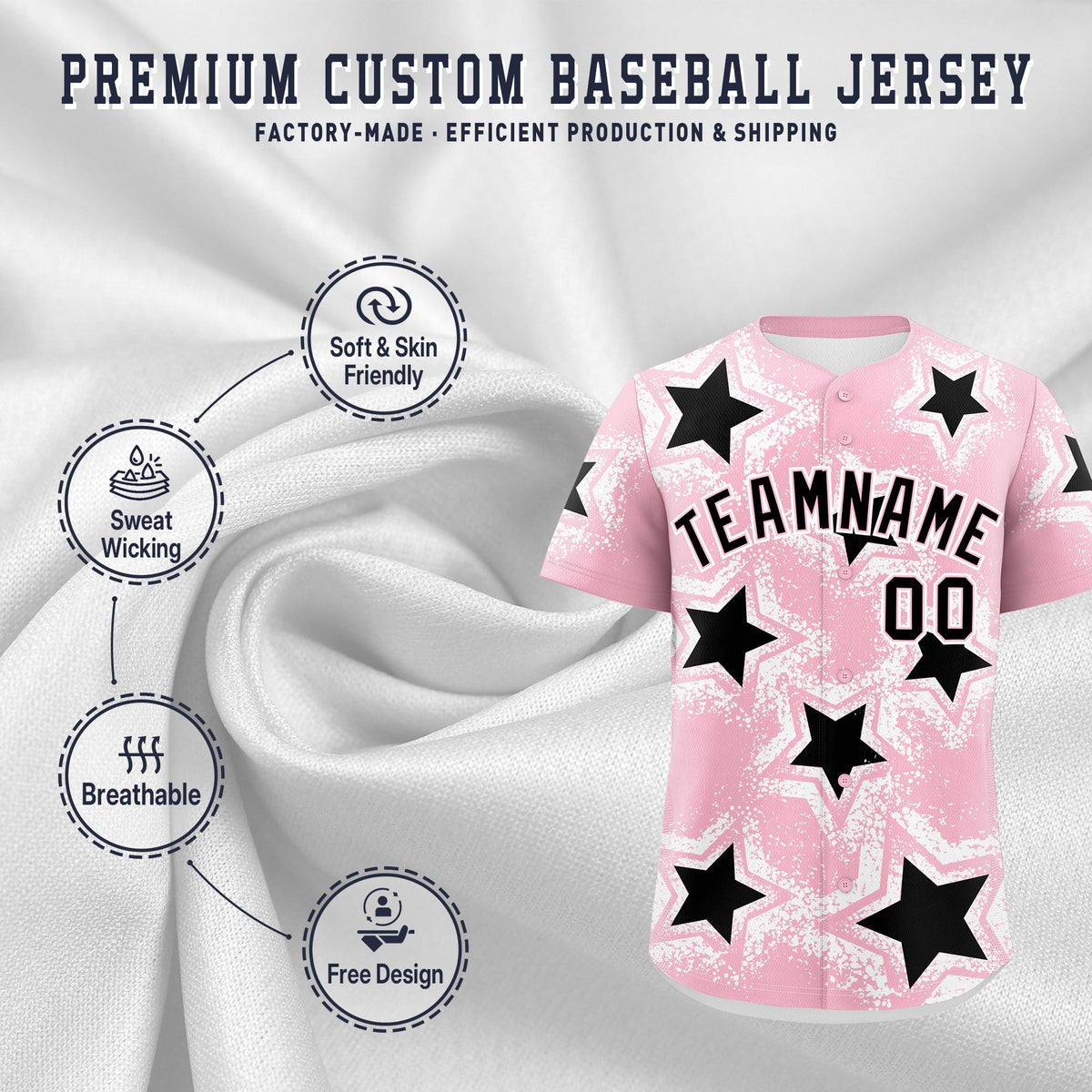 Custom Light Pink White Black Star Graffiti Team Baseball Jerseys With Custom Names, Numbers & Logos Stretch Fabric Baseball Jersey| KXKSHOP