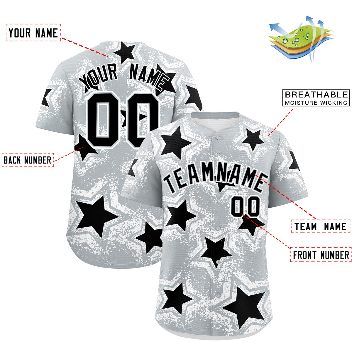 Custom Silver Black White Star Graffiti Team Baseball Jerseys With Custom Names, Numbers & Logos Stretch Fabric Baseball Jersey| KXKSHOP