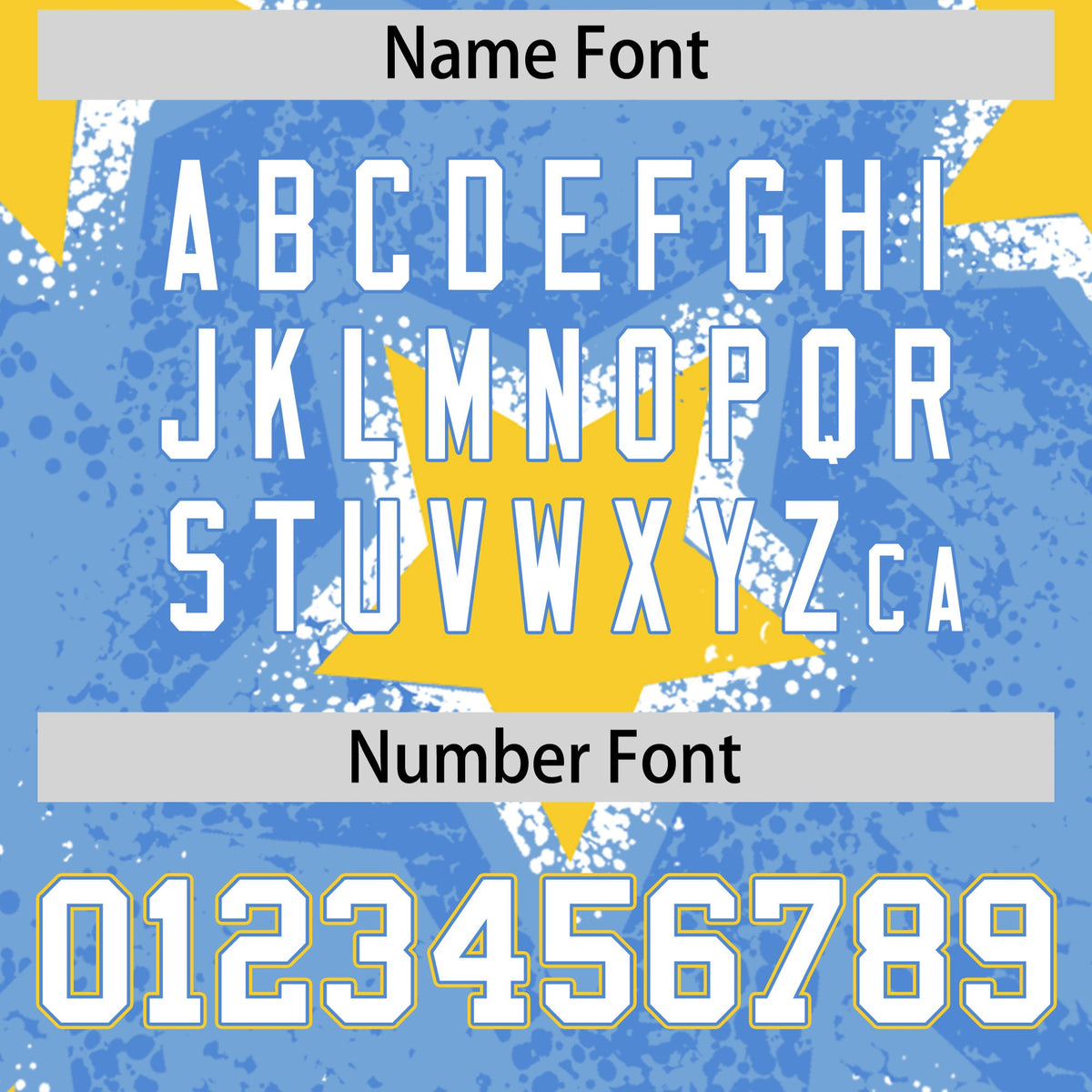 Custom Light Blue Gold White Star Graffiti Team Baseball Jerseys With Custom Names, Numbers & Logos Stretch Fabric Baseball Jersey| KXKSHOP