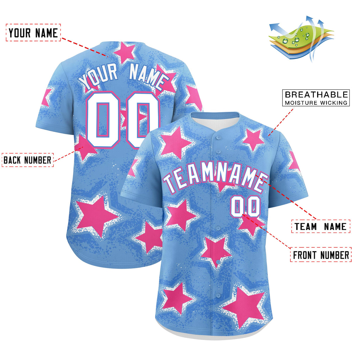 Custom Light Blue Powder Blue White Star Graffiti Team Baseball Jerseys With Custom Names, Numbers & Logos Lightweight Baseball Jersey| KXKSHOP