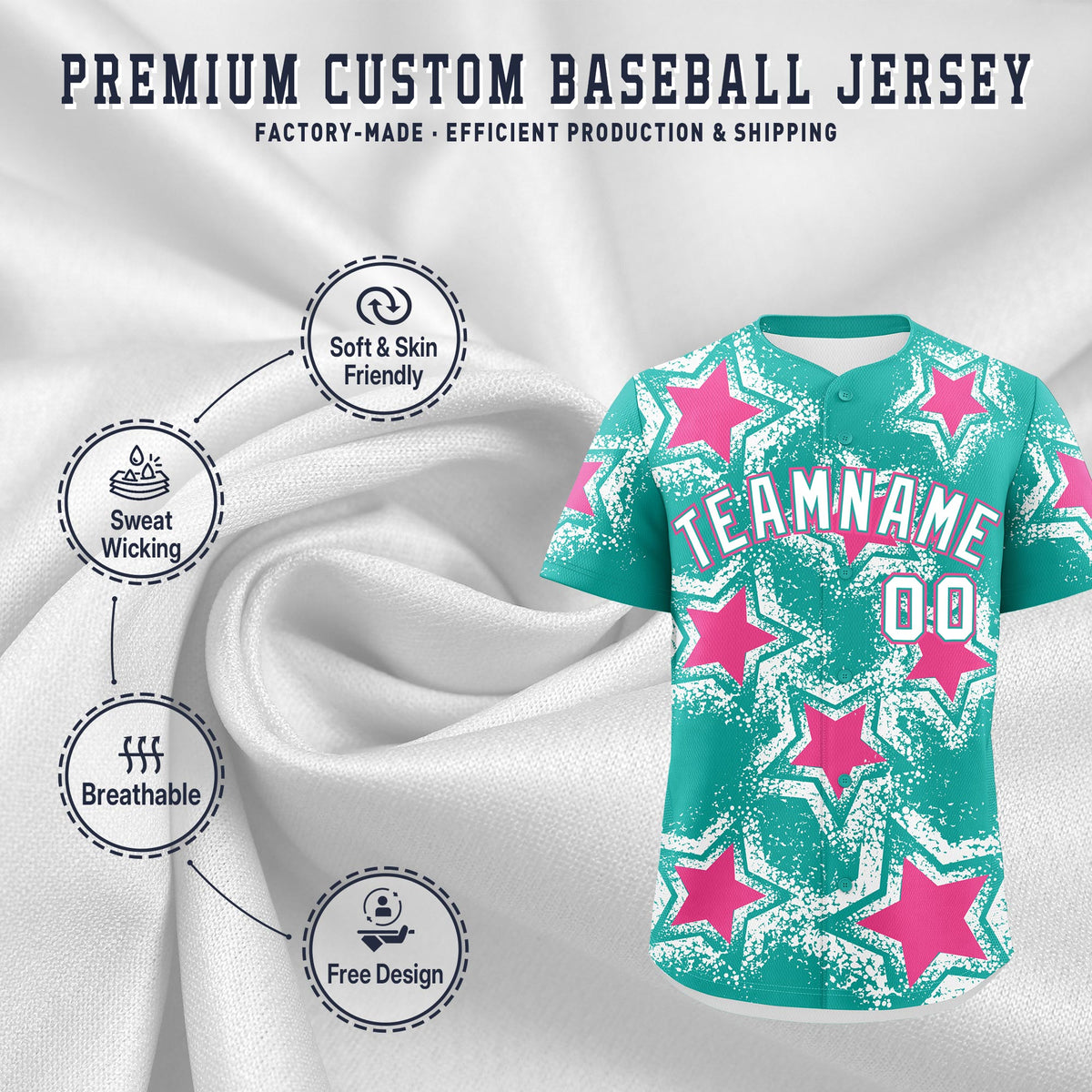 Custom Aqua White Pink Star Graffiti Team Baseball Jerseys With Custom Names, Numbers & Logos Stretch Fabric Baseball Jersey| KXKSHOP