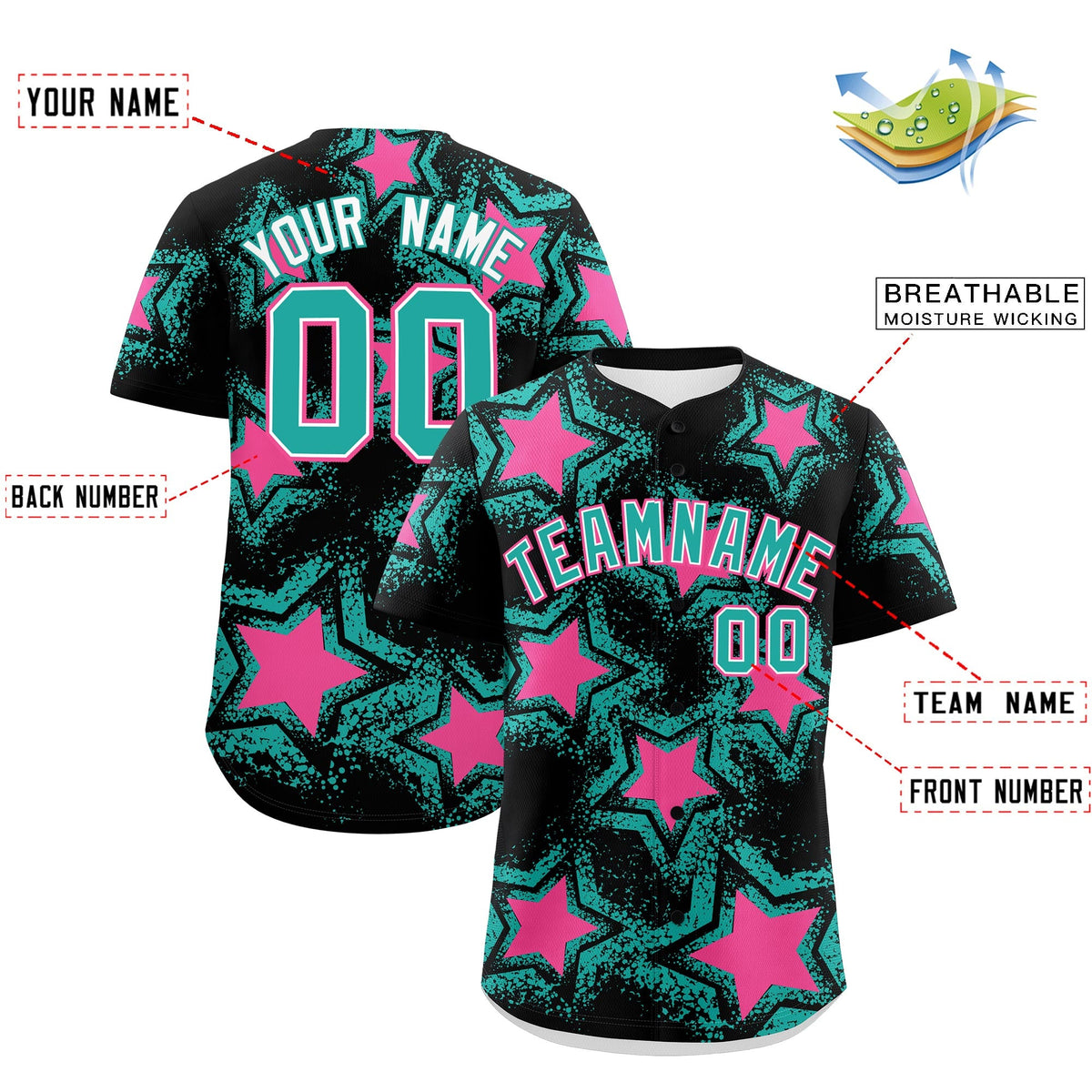 Custom Black Aqua Pink Star Graffiti Team Baseball Jerseys With Custom Names, Numbers & Logos Lightweight Baseball Jersey| KXKSHOP