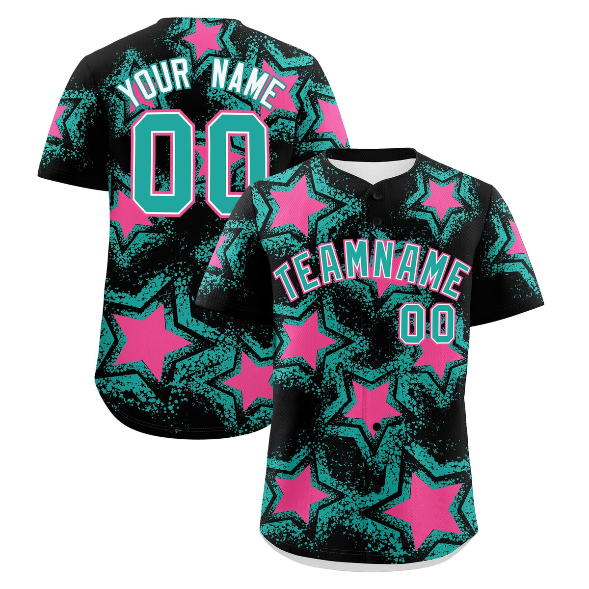 Custom Black Aqua Pink Star Graffiti Team Baseball Jerseys With Custom Names, Numbers & Logos Lightweight Baseball Jersey| KXKSHOP
