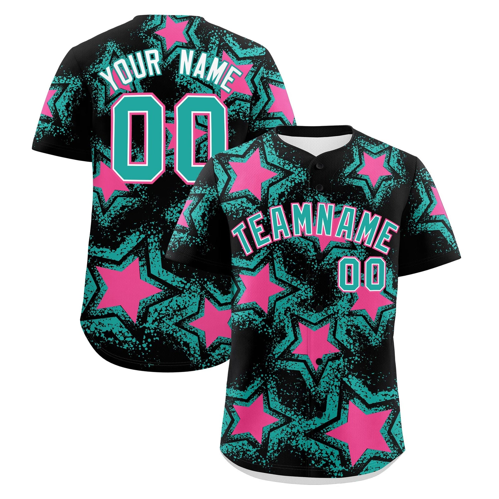 Custom Black Aqua Pink Star Graffiti Team Baseball Jerseys With Custom Names, Numbers & Logos Lightweight Baseball Jersey| KXKSHOP