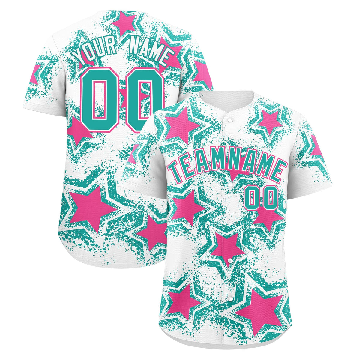 Custom White Aqua Pink Star Graffiti Team Baseball Jerseys With Custom Names, Numbers & Logos Stretch Fabric Baseball Jersey| KXKSHOP