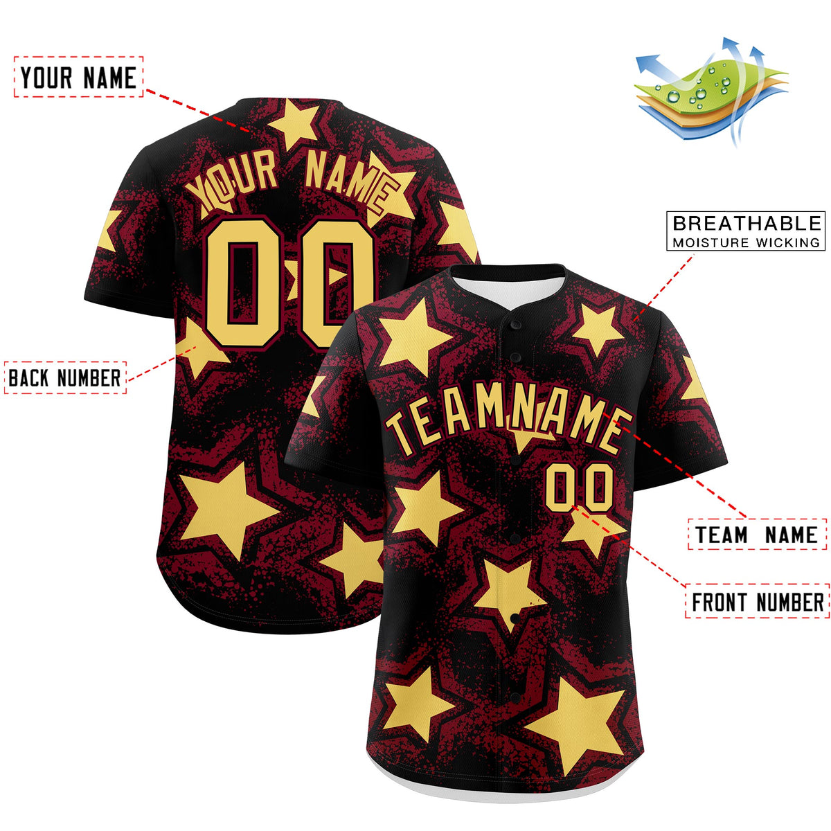 Custom Black Crimson Khaki Star Graffiti Team Baseball Jerseys With Custom Names, Numbers & Logos Lightweight Baseball Jersey| KXKSHOP