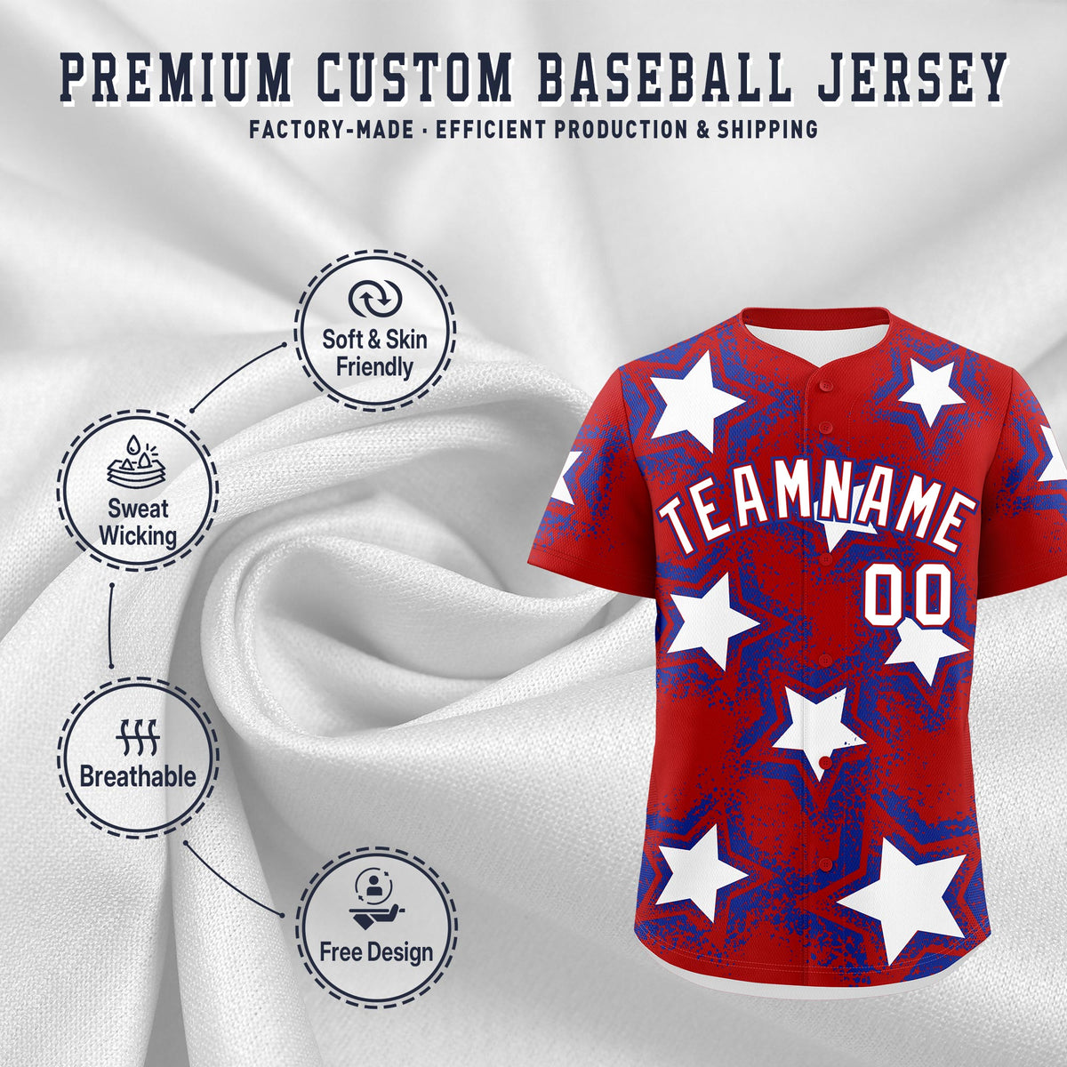 Custom Red Royal Blue White Star Graffiti Team Baseball Jerseys With Custom Names, Numbers & Logos Lightweight Baseball Jersey| KXKSHOP