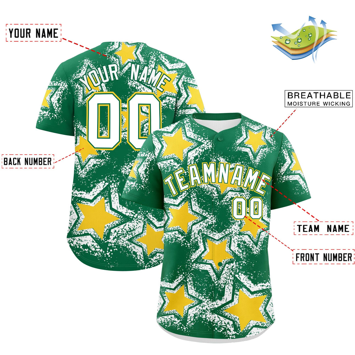 Custom Kelly Green White Gold Star Graffiti Team Baseball Jerseys With Custom Names, Numbers & Logos Stretch Fabric Baseball Jersey| KXKSHOP
