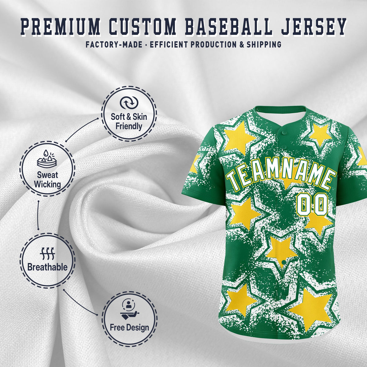 Custom Kelly Green White Gold Star Graffiti Team Baseball Jerseys With Custom Names, Numbers & Logos Stretch Fabric Baseball Jersey| KXKSHOP