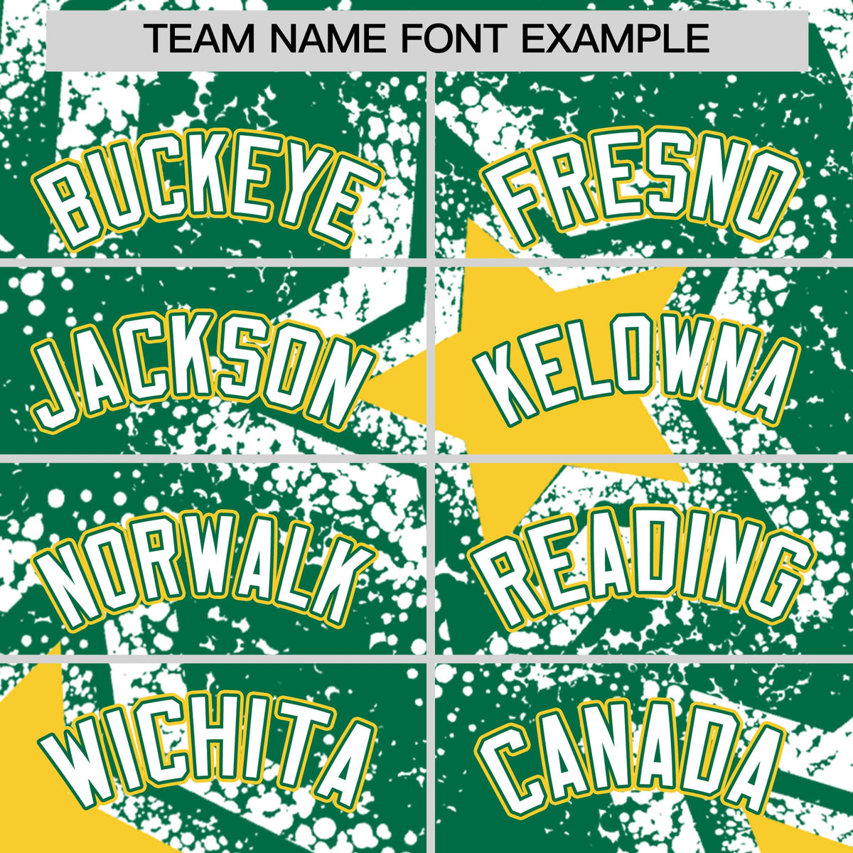 Custom Kelly Green White Gold Star Graffiti Team Baseball Jerseys With Custom Names, Numbers & Logos Stretch Fabric Baseball Jersey| KXKSHOP