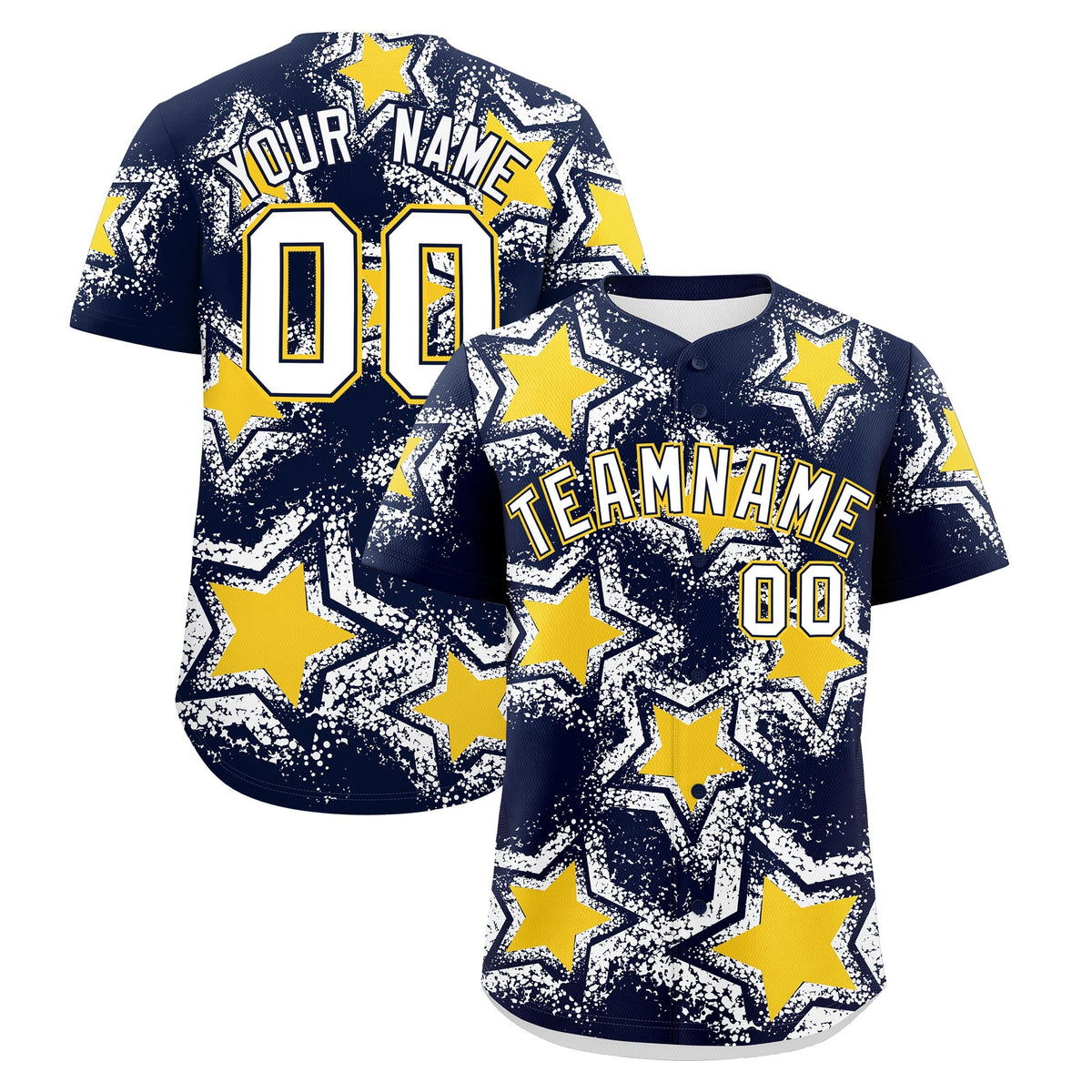 Custom Navy White Gold Star Graffiti Team Baseball Jerseys With Custom Names, Numbers & Logos Stretch Fabric Baseball Jersey| KXKSHOP