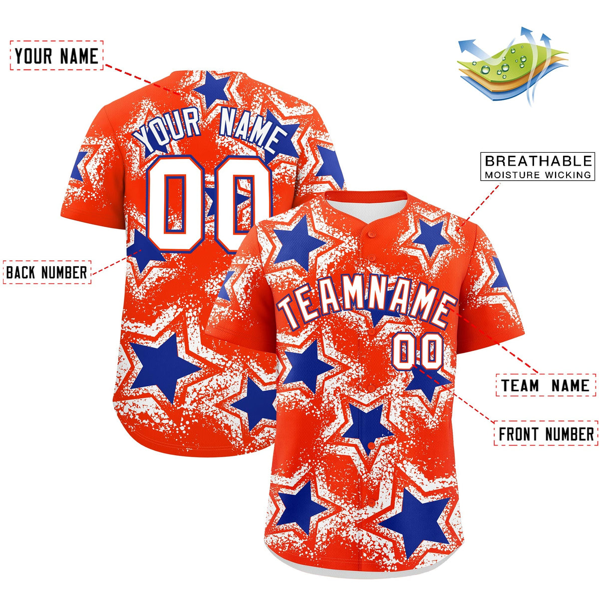 Custom Orange White Royal Blue Star Graffiti Team Baseball Jerseys With Custom Names, Numbers & Logos Lightweight Baseball Jersey| KXKSHOP
