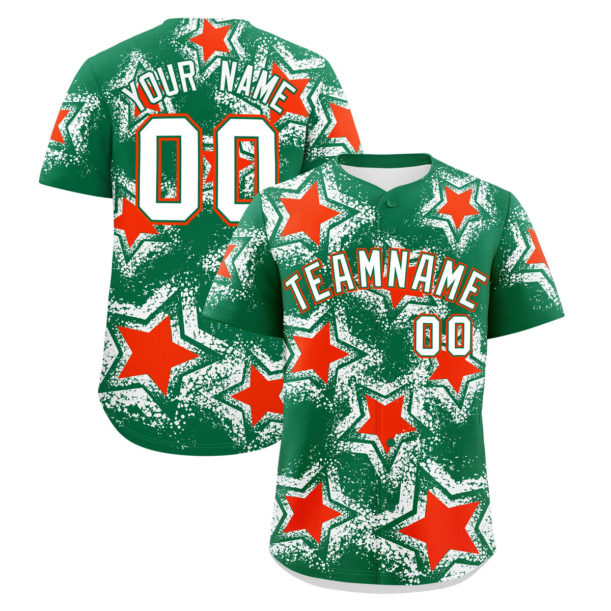 Custom Kelly Green White Orange Star Graffiti Team Baseball Jerseys With Custom Names, Numbers & Logos Stretch Fabric Baseball Jersey| KXKSHOP