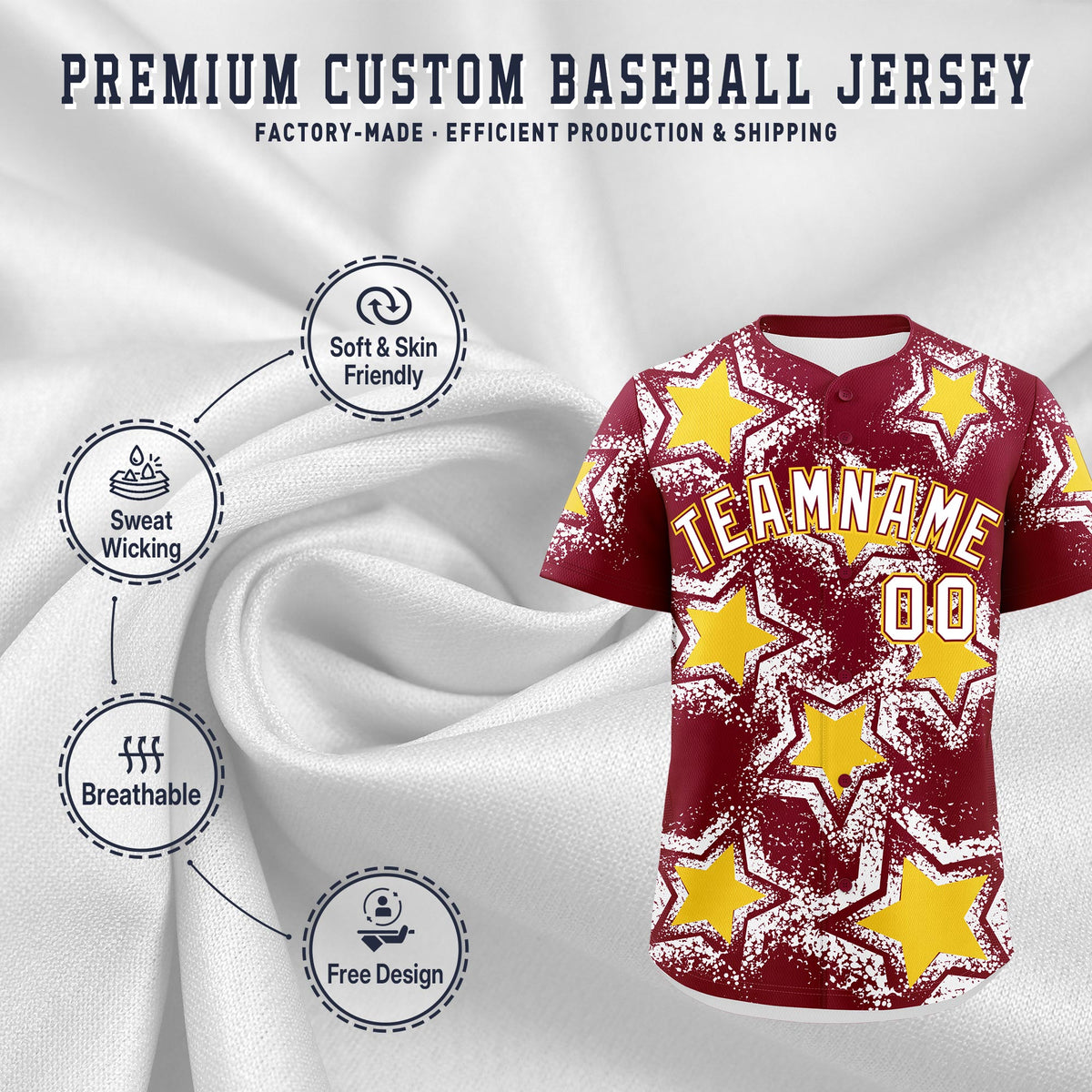 Custom Crimson White Gold Star Graffiti Team Baseball Jerseys With Custom Names, Numbers & Logos Stretch Fabric Baseball Jersey| KXKSHOP