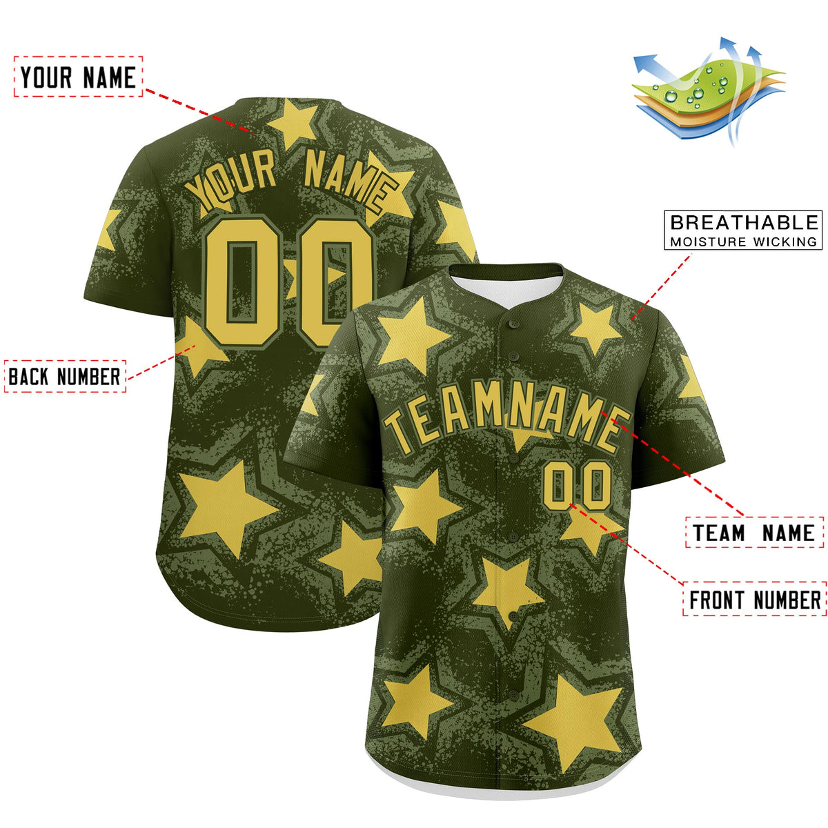 Custom Olive Khaki Star Graffiti Team Baseball Jerseys With Custom Names, Numbers & Logos Stretch Fabric Baseball Jersey| KXKSHOP