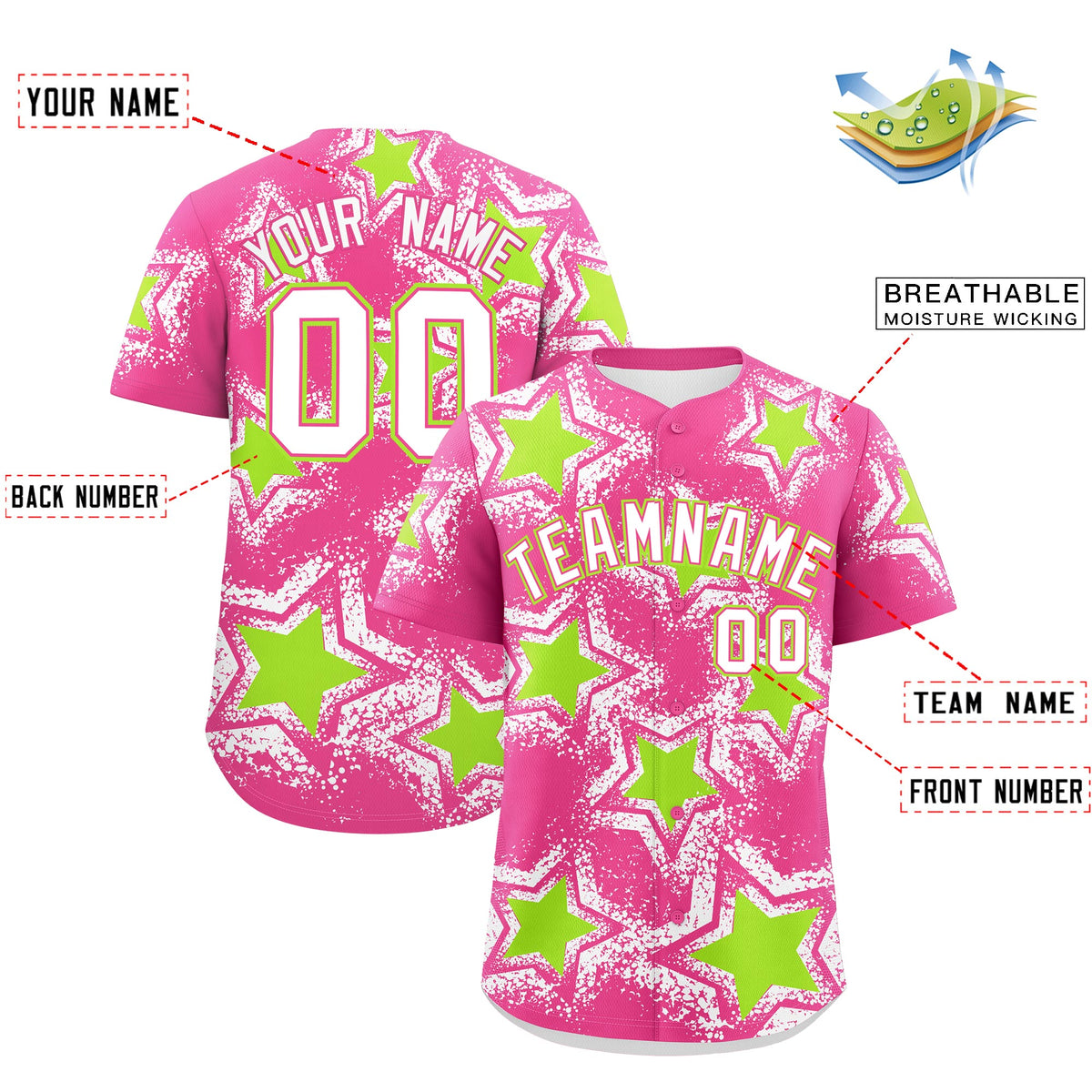 Custom Pink White Neon Green Star Graffiti Team Baseball Jerseys With Custom Names, Numbers & Logos Lightweight Baseball Jersey| KXKSHOP