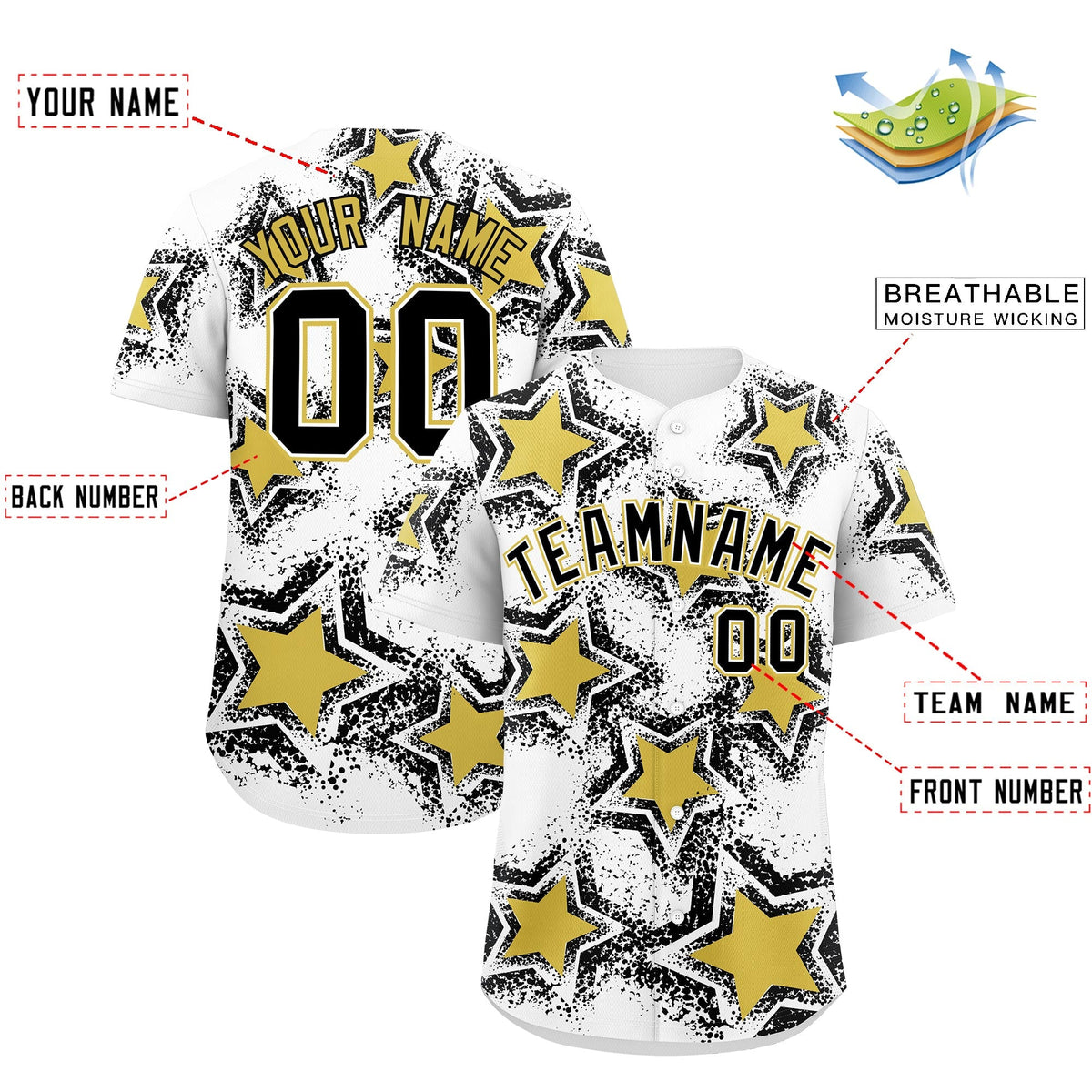 Custom White Black Old Gold Star Graffiti Team Baseball Jerseys With Custom Names, Numbers & Logos Stretch Fabric Baseball Jersey| KXKSHOP
