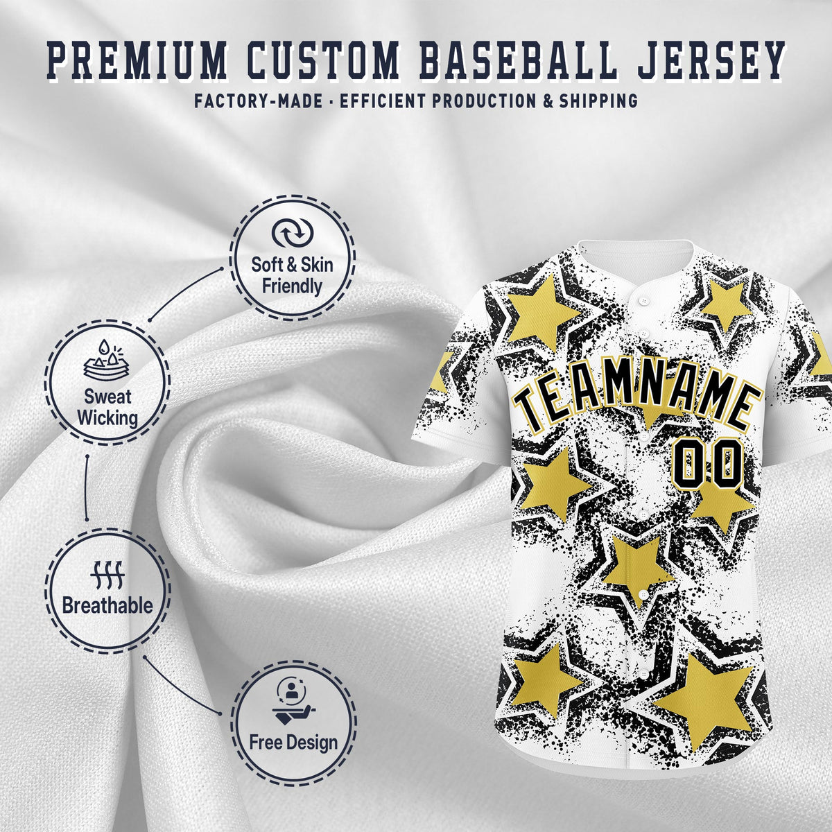 Custom White Black Old Gold Star Graffiti Team Baseball Jerseys With Custom Names, Numbers & Logos Stretch Fabric Baseball Jersey| KXKSHOP